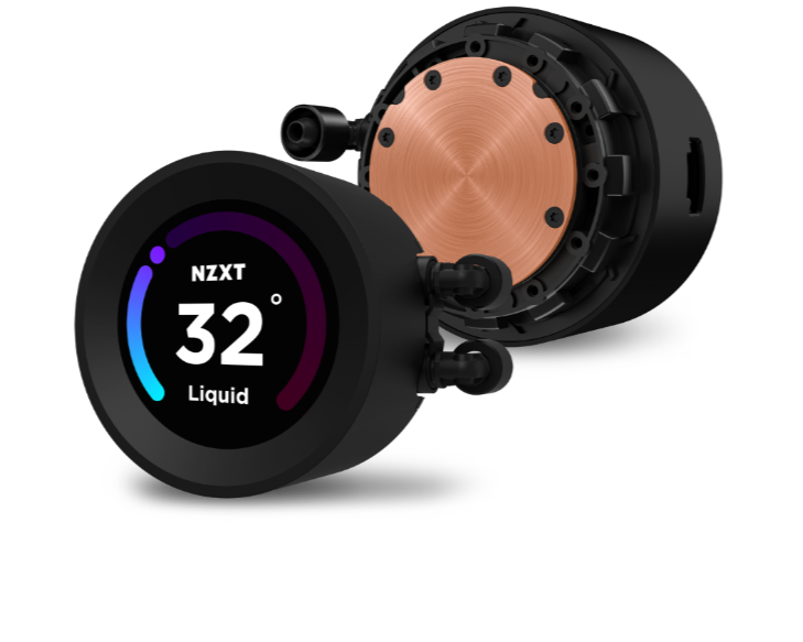 A circular NZXT liquid cooling pump with a digital display reading 32° Liquid is shown. The front displays the screen, while the back reveals a copper base with multiple screw holes.