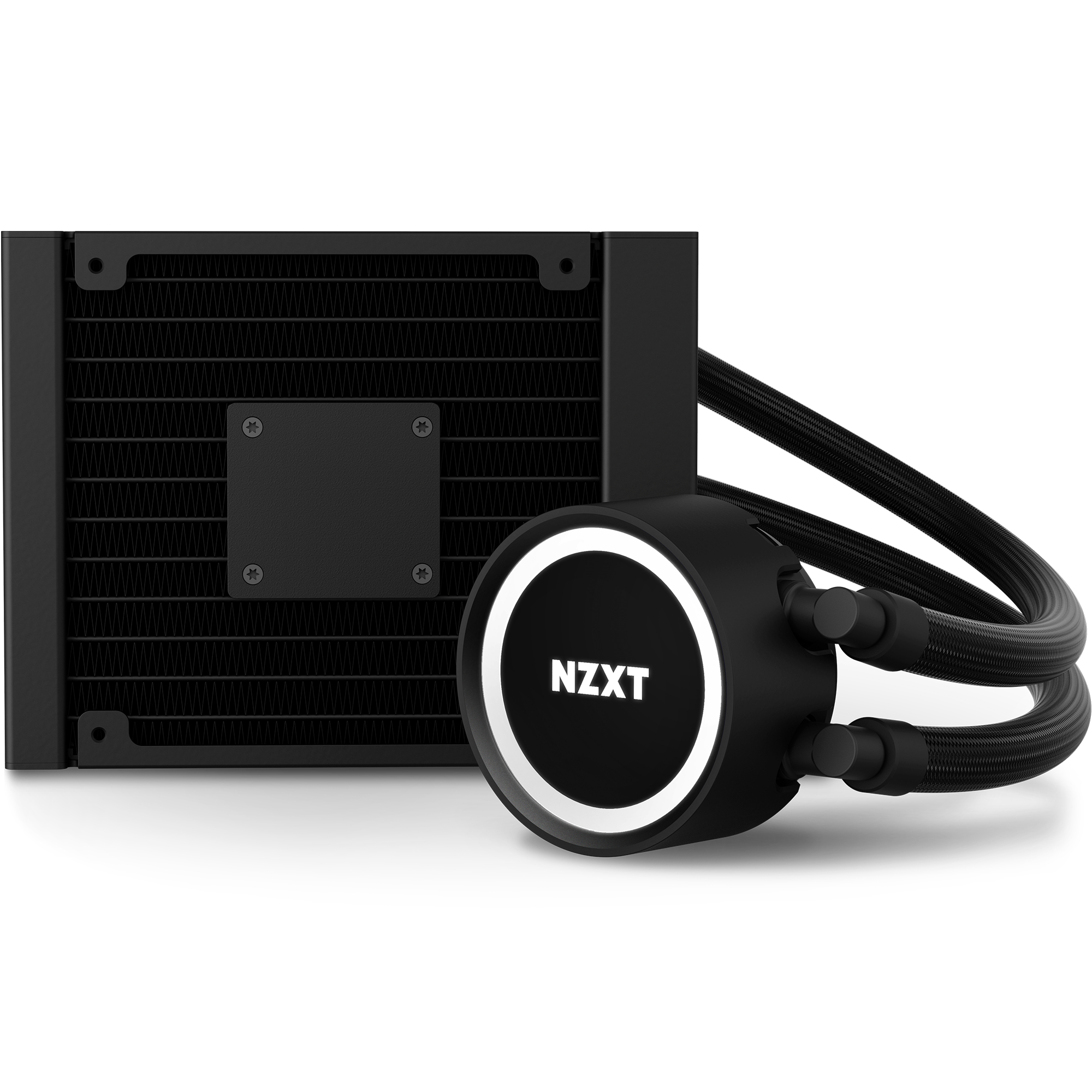 The NZXT Kraken 120 is a black AIO cooler with a radiator and pump connected by two braided tubes, featuring a white LED ring and central NZXT logo on the pump, displayed against a plain background.