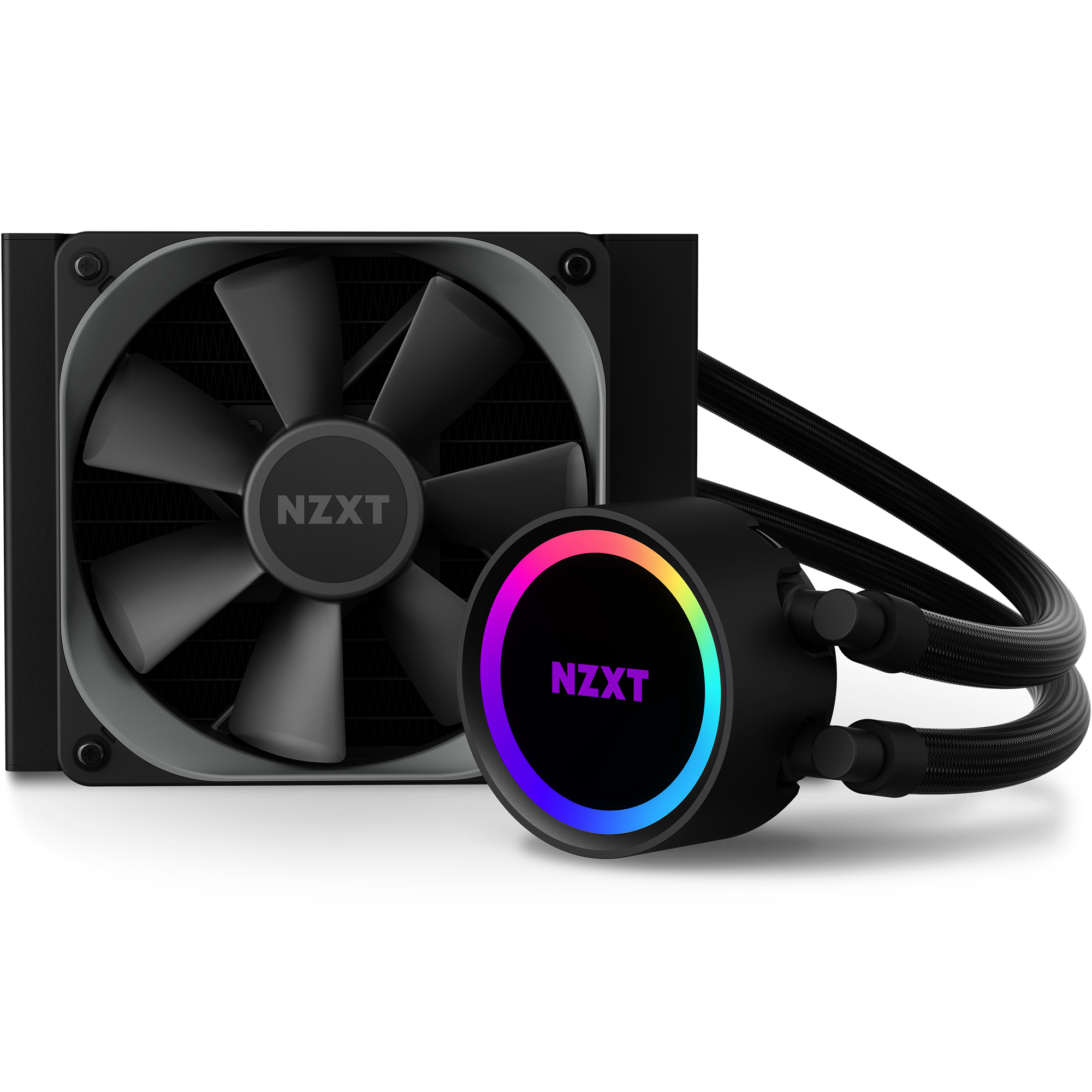 The NZXT Kraken 120 is an AIO cooler with a black radiator, fan, RGB-lit circular pump head with the NZXT logo, and two braided tubes connecting the pump to the radiator.