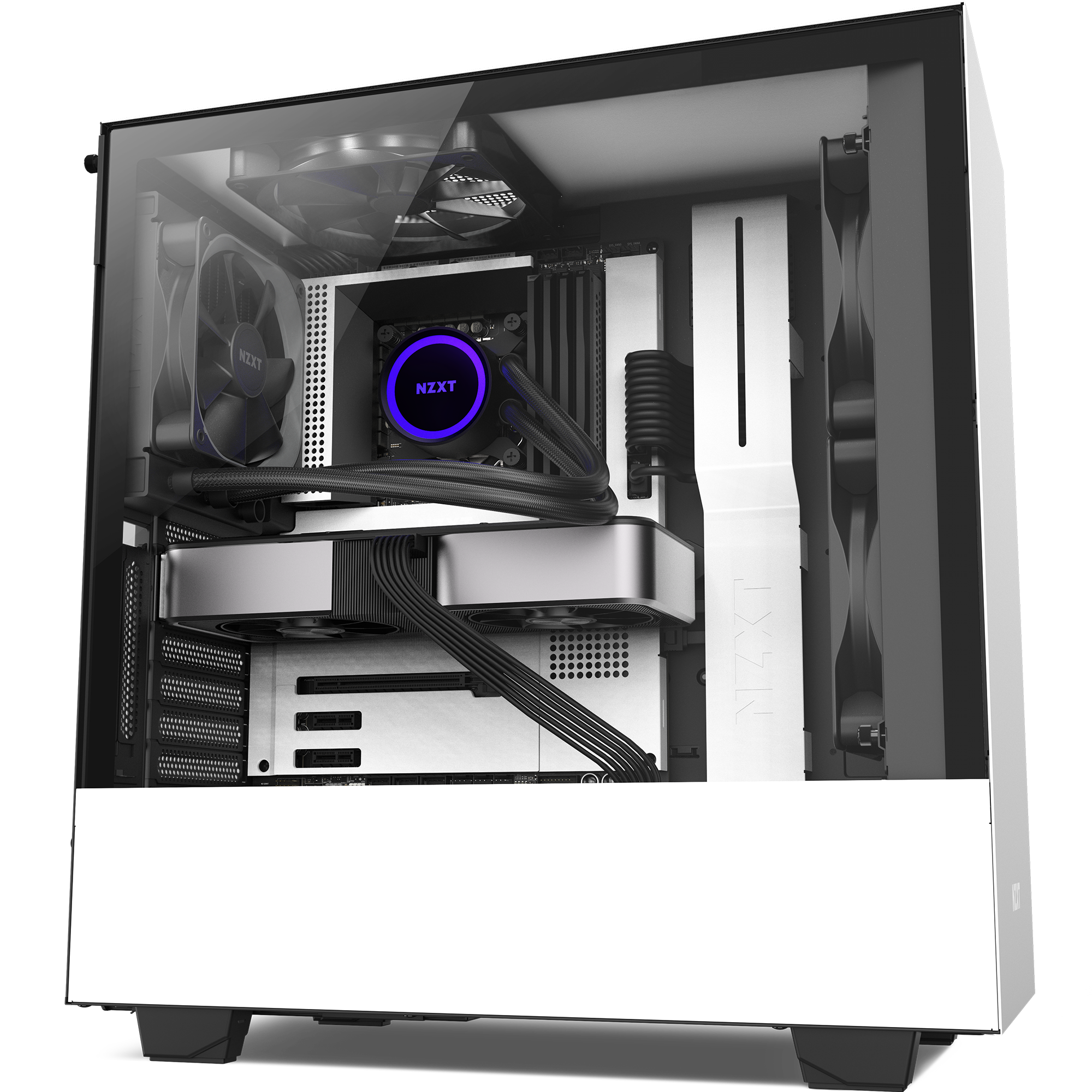 A modern desktop computer with a transparent side panel displays its internal components like cooling fans, a graphics card, tidy cables, and the NZXT Kraken 120 AIO cooler with eye-catching RGB lighting.