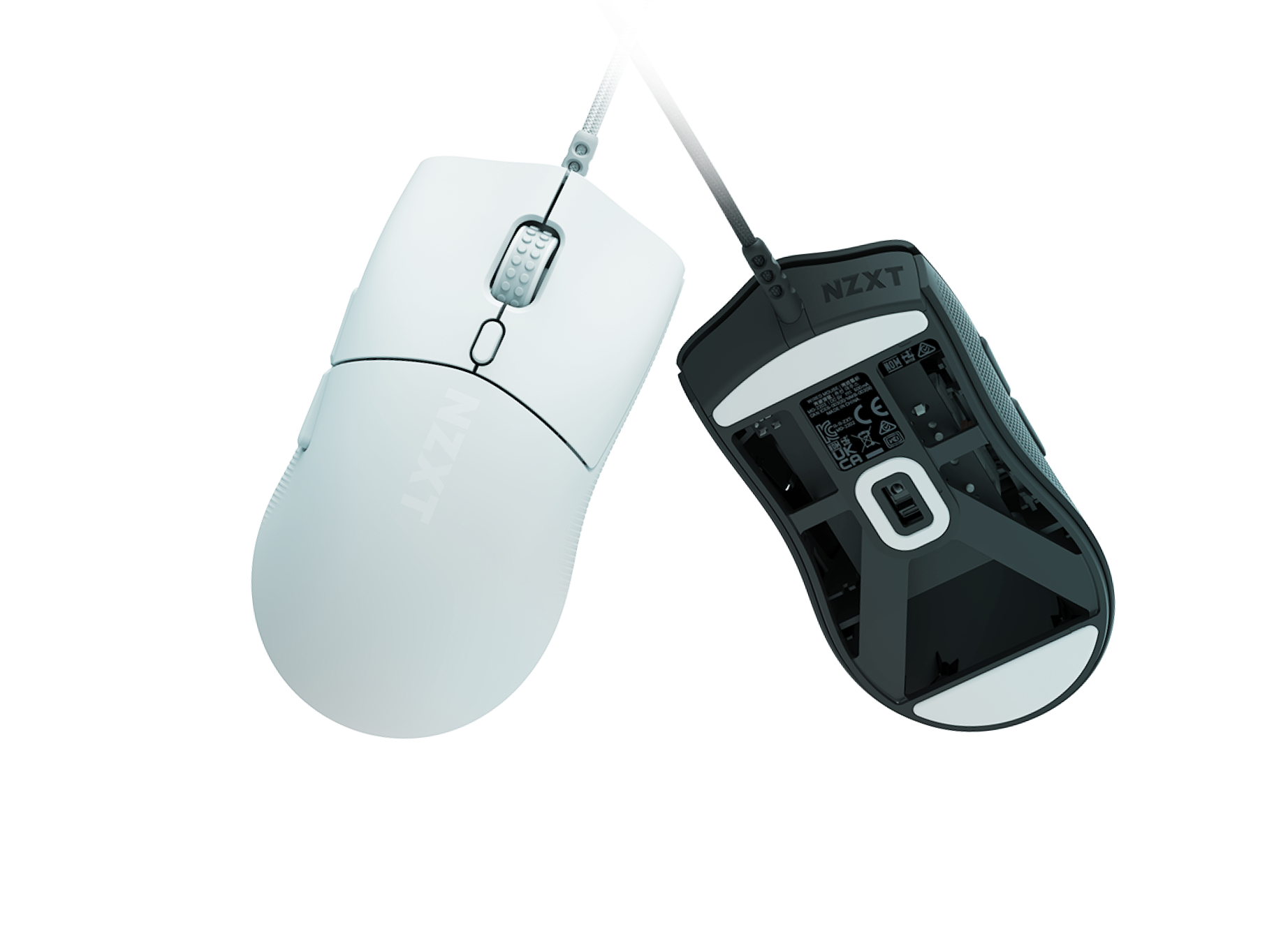 Two wired computer mice, one white showing the top and one black showing the underside, both labeled NZXT, are positioned side by side against a white background.