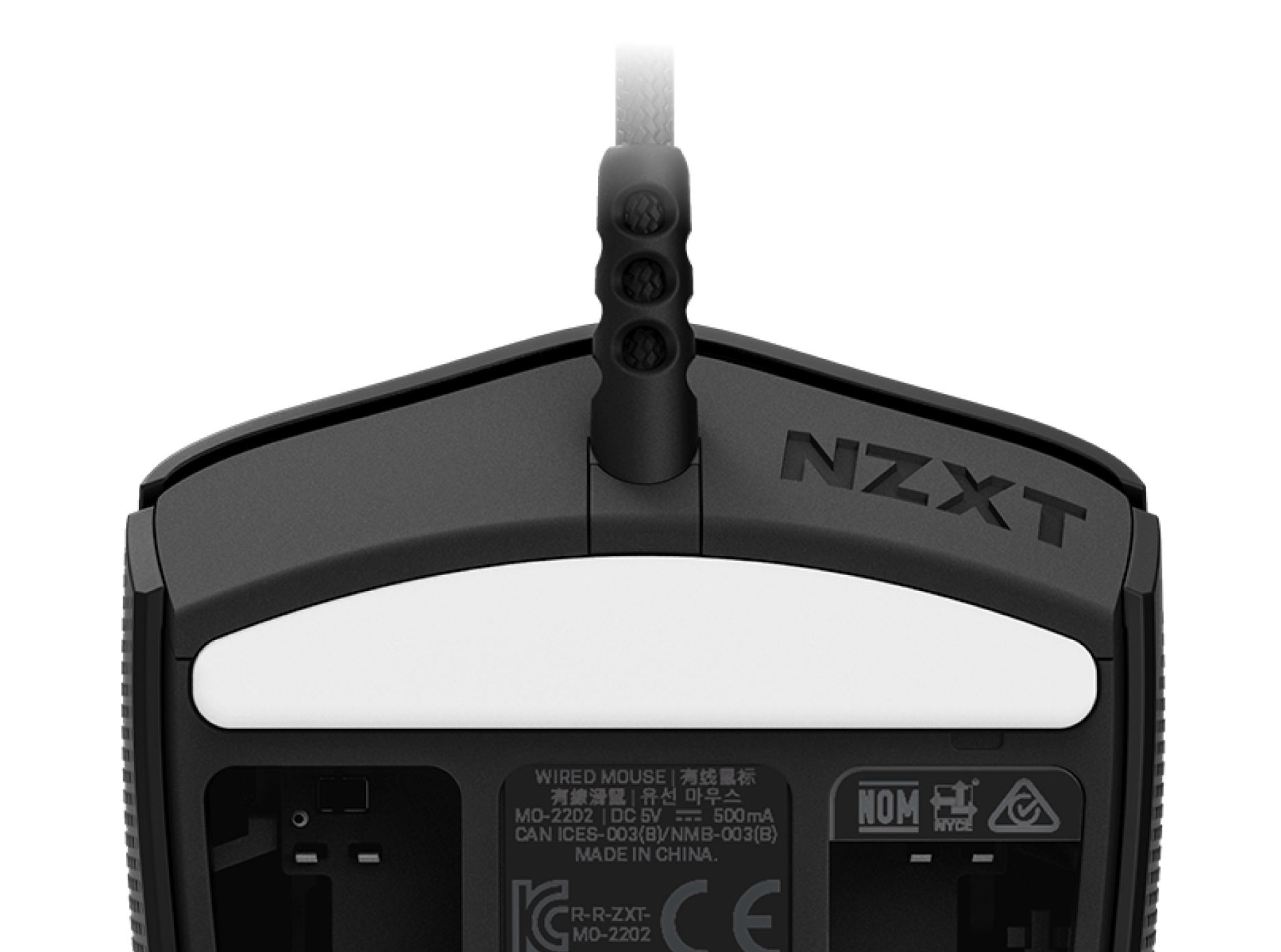 Close-up view of the underside of a black NZXT wired mouse, showing the cable, NZXT logo, and product information label.