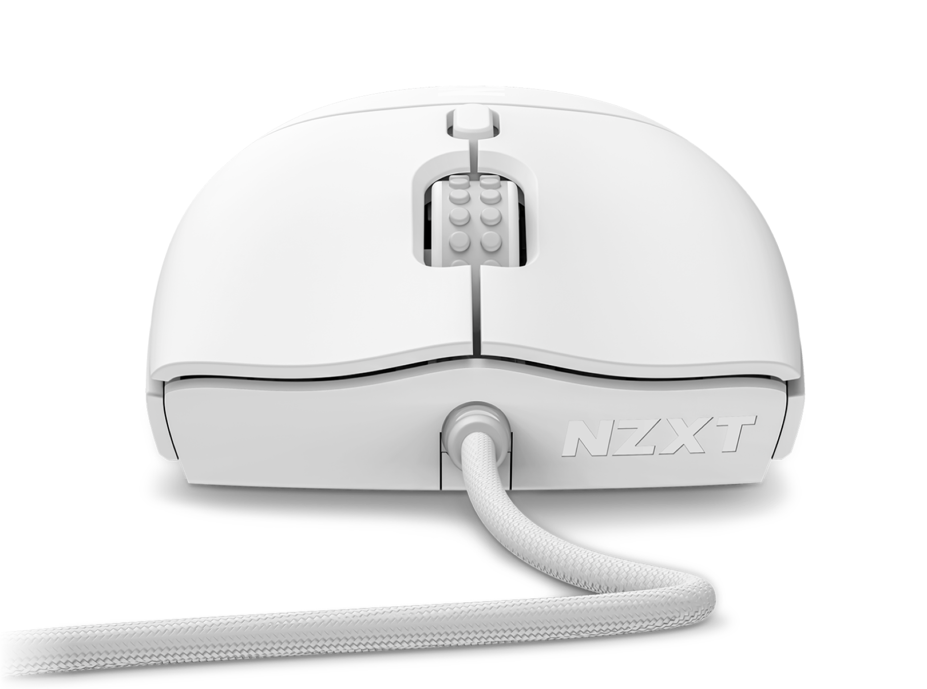 A white wired computer mouse with a braided cable, viewed from the front. The scroll wheel is textured, and the brand NZXT is embossed on the front edge. The mouse has a sleek, minimalistic design.