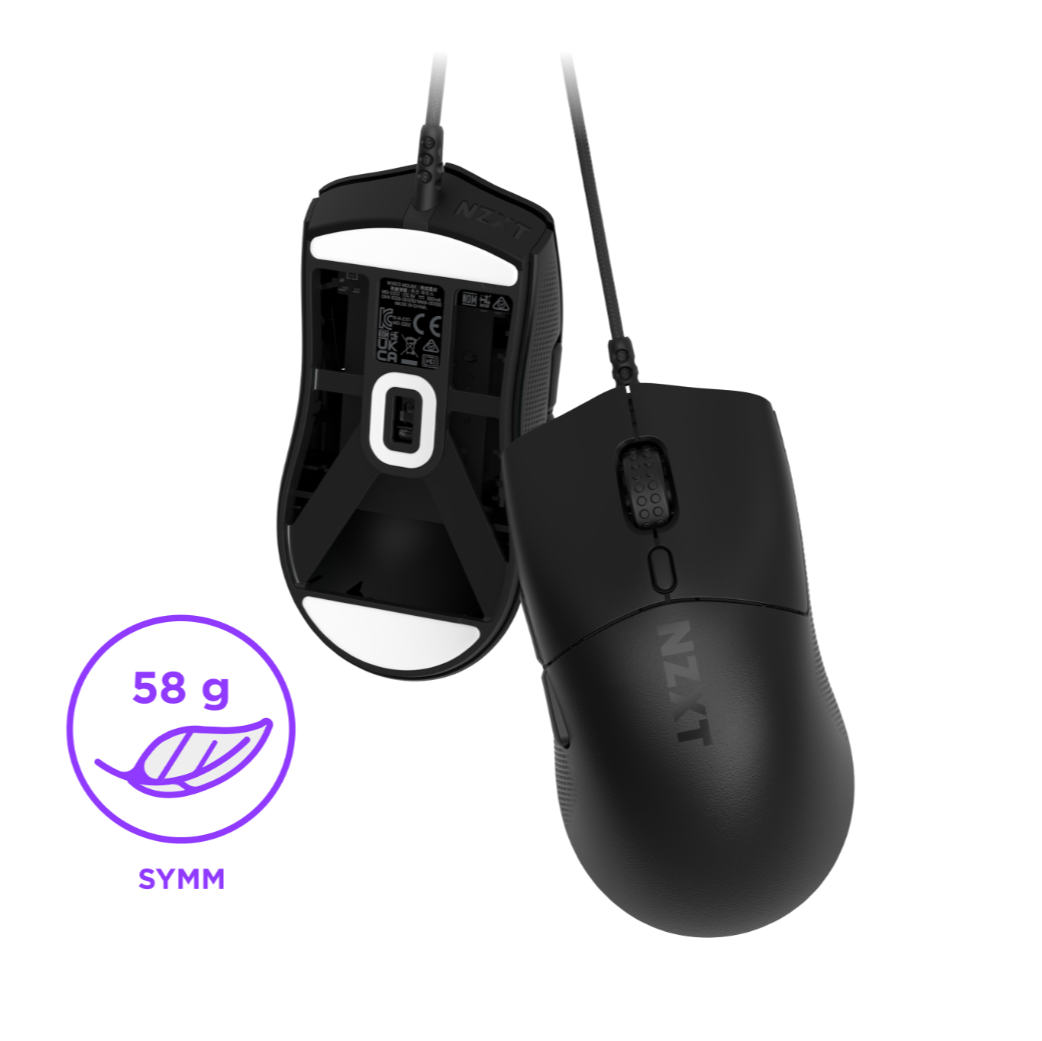 Two black wired gaming mice are shown, one displaying the top view and the other the bottom view with white skates. A purple icon shows a feather, 58g, and SYMM, indicating the mouses weight and symmetrical shape.
