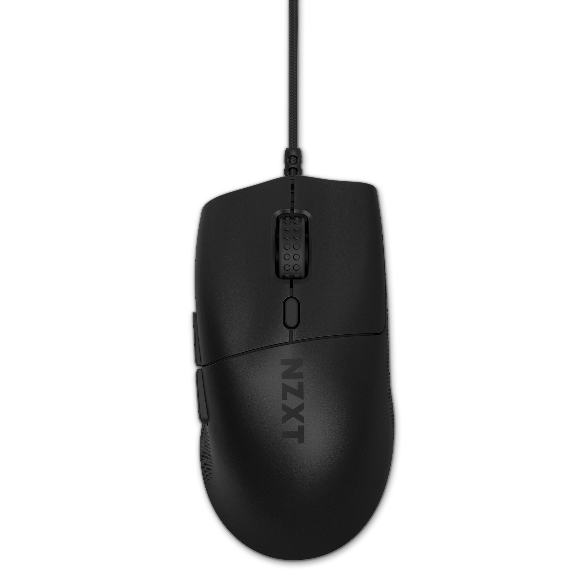 A black, wired NZXT Lift 2 Ergo computer mouse with a 26,000 DPI sensor and the NZXT logo on its body, seen from above against a black background.