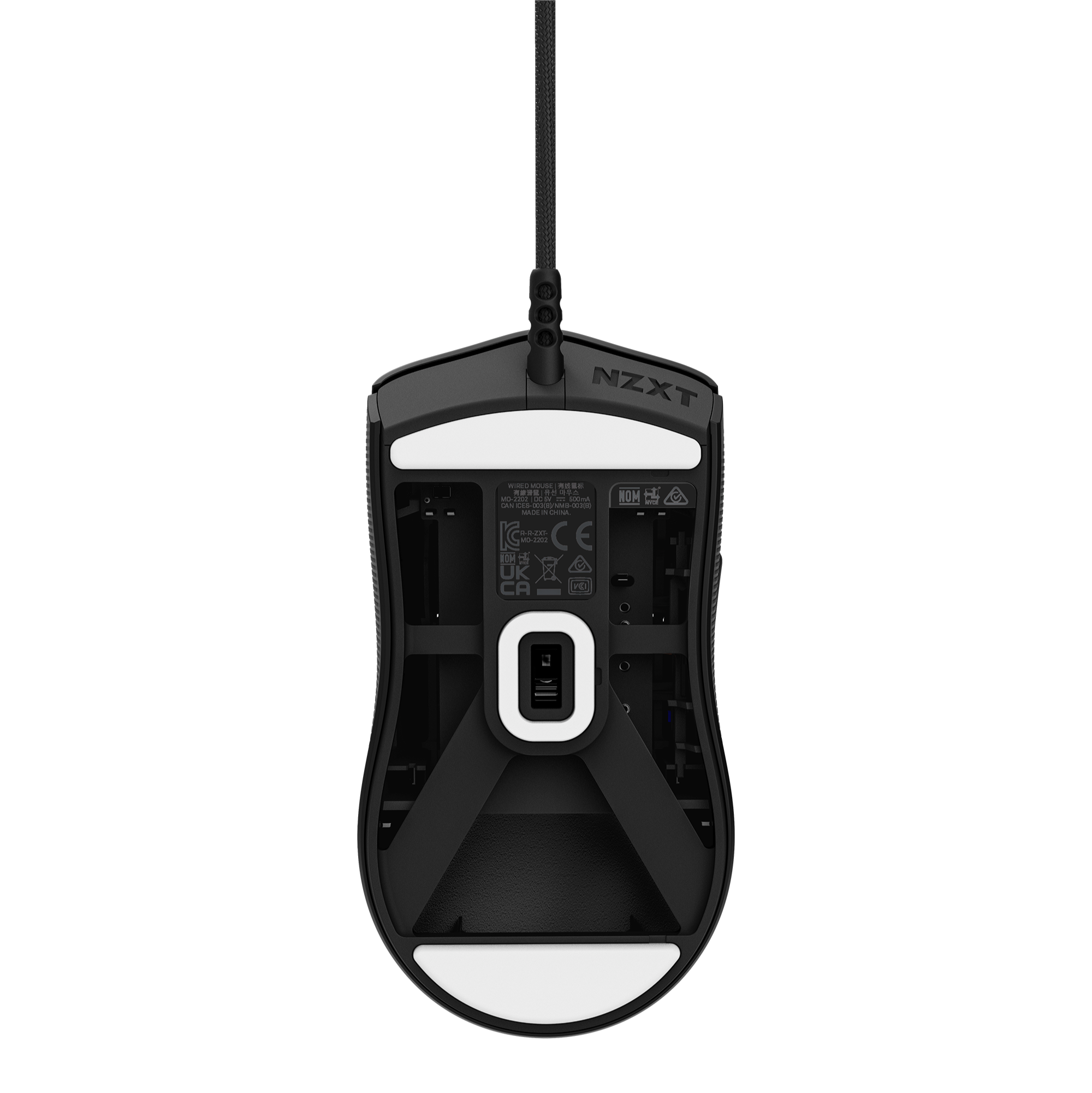 A bottom view of the NZXT Lift 2 Symm shows its black finish, 26,000 DPI sensor, white glide pads, product label, and braided cable extending upward.
