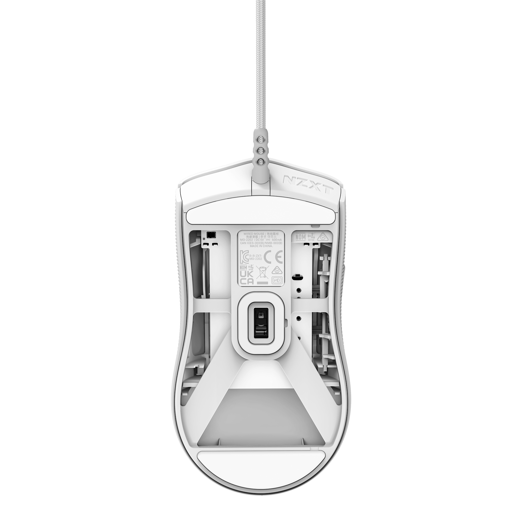 A top-down view of the underside of the NZXT Lift 2 Symm wired mouse, showcasing its 26,000 DPI sensor, optical switches, product details, and a paracord-style cable at the top.