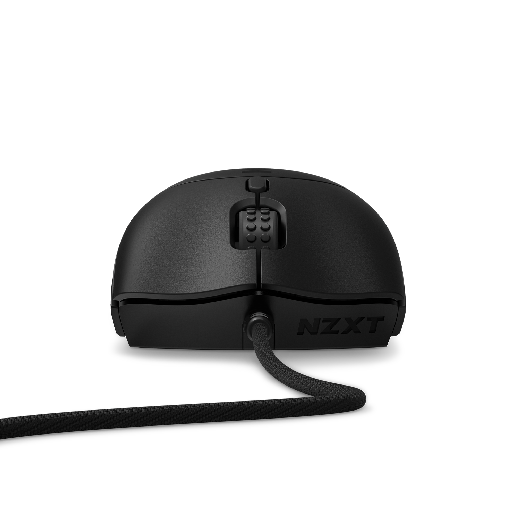 A black NZXT Lift 2 Symm wired mouse is shown from the front against a black background, highlighting its optical switches, scroll wheel, braided cable extending forward, and the NZXT logo on the front.