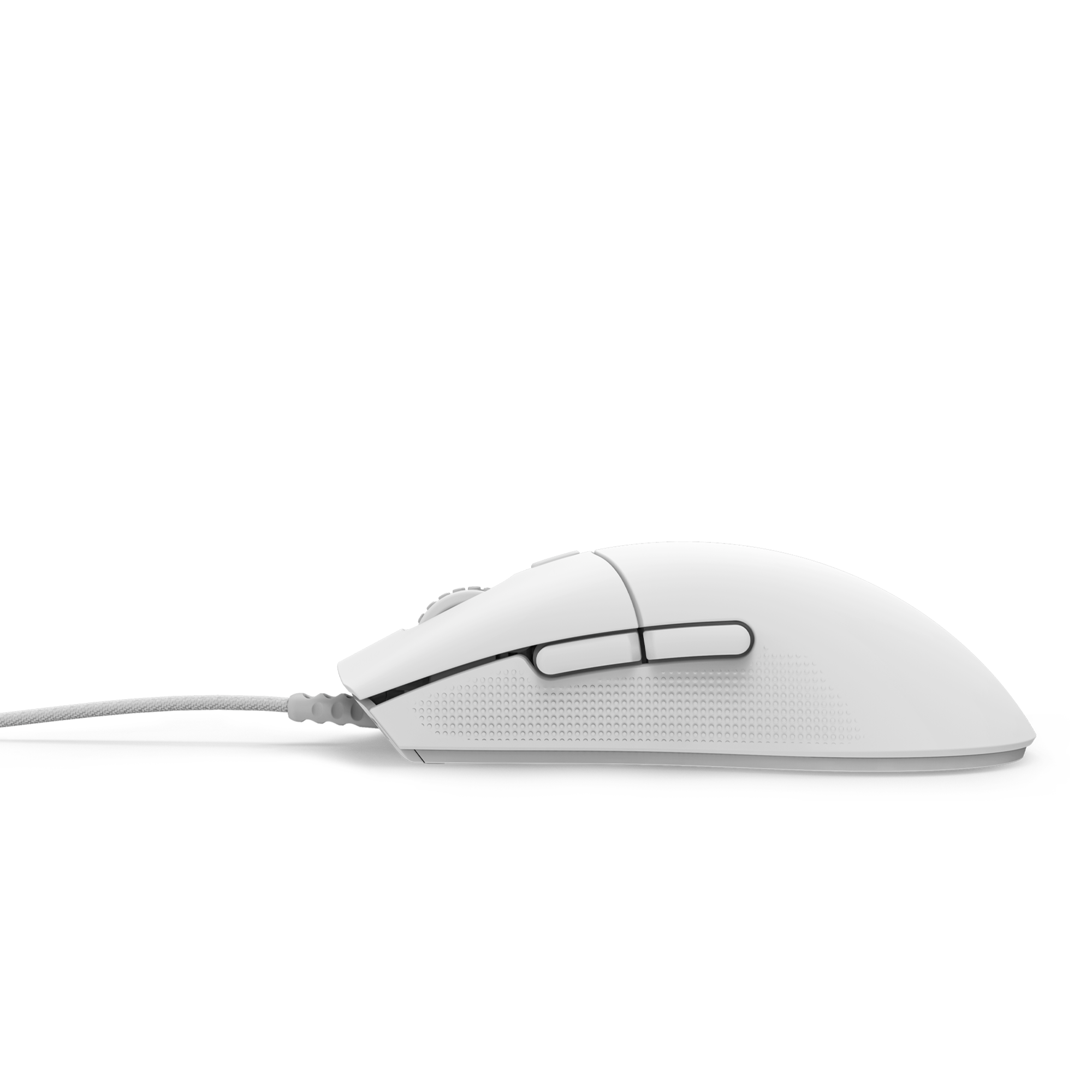 A white NZXT Lift 2 Symm wired mouse with two side buttons and a 26,000 DPI sensor is shown in side profile against a plain black background.