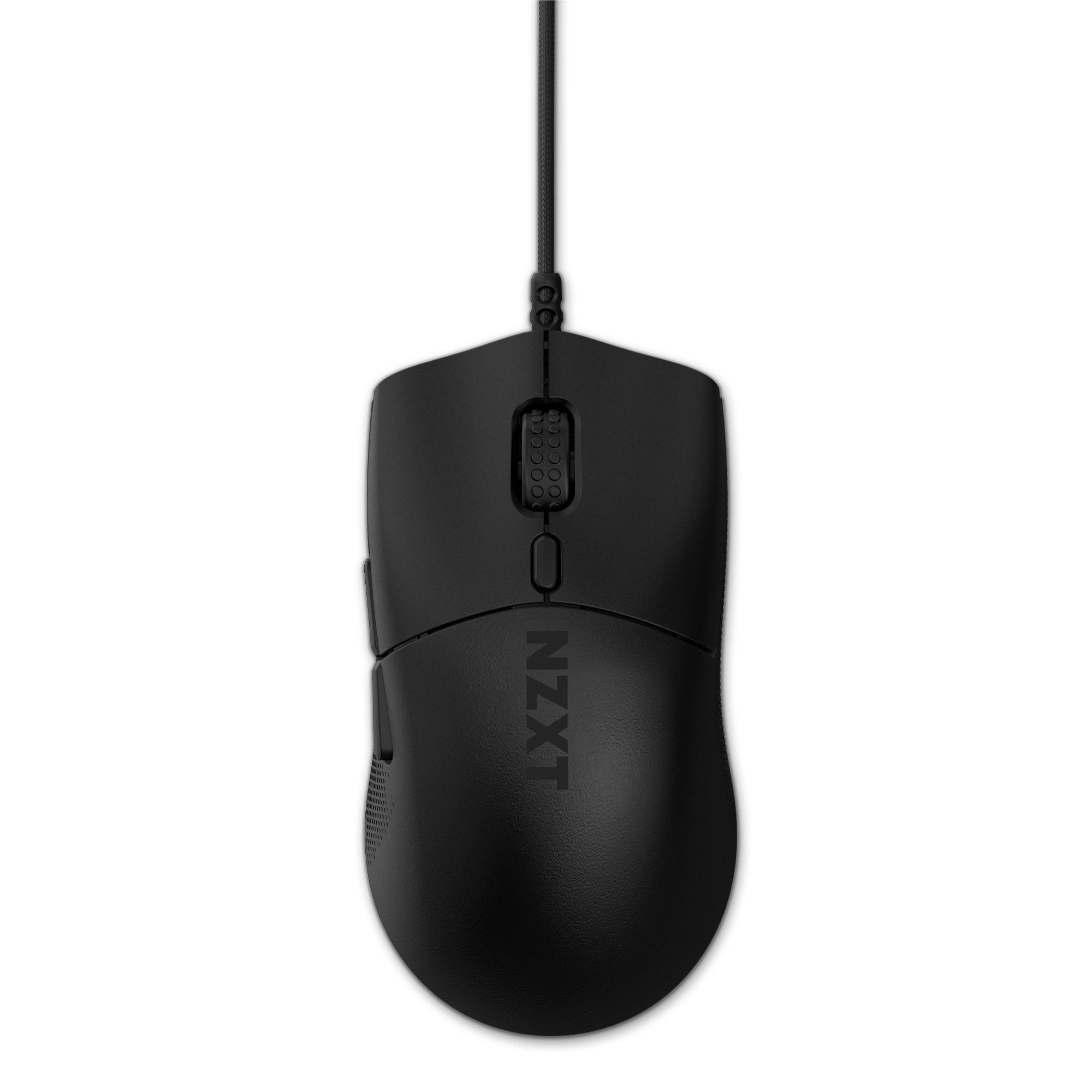 A black NZXT Lift 2 Symm wired computer mouse with two side buttons, scroll wheel, and optical switches is shown from above, highlighting its sleek ergonomic design against a black background.