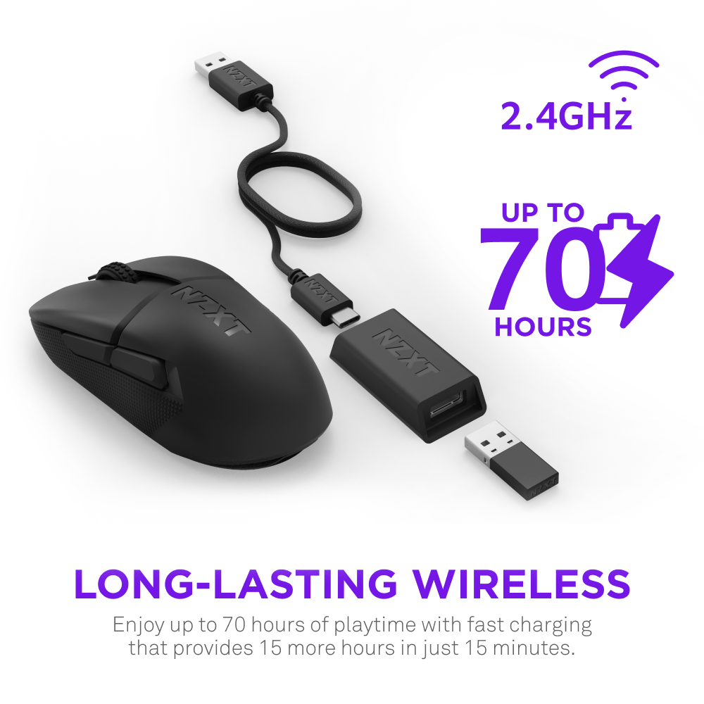 The NZXT Lift Elite Wireless mouse in black offers ultra-lightweight design, optical switches for fast response, a 26K DPI sensor, up to 70 hours playtime, and includes a USB dongle and charging cable.