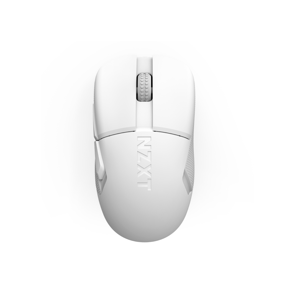 Top view of the NZXT Lift Elite Wireless mouse—a sleek, white device with an ultra-lightweight design, scroll wheel, textured side grips, and NZXT branding—displayed on a plain black background.