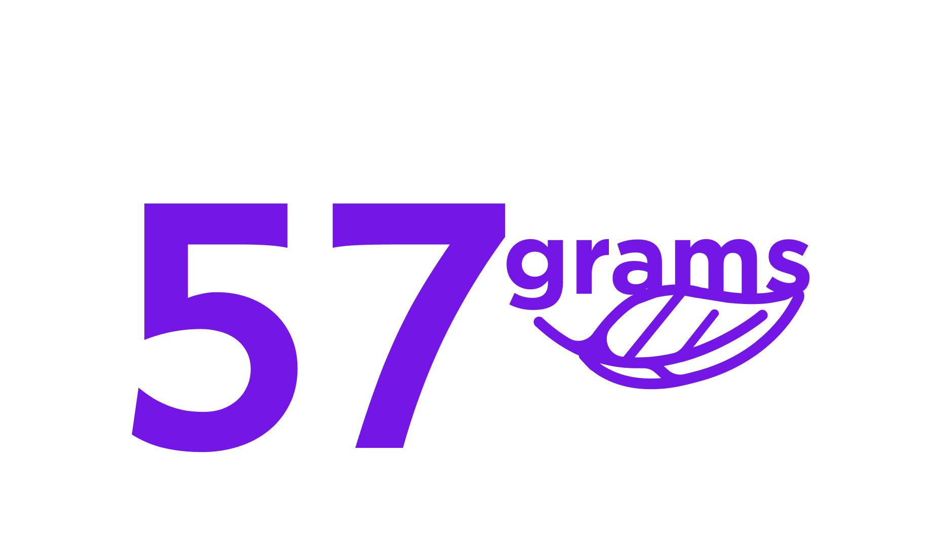 Large purple text reads 57 grams with a stylized leaf graphic under grams. Black text above says, this Massive plant weighs only. The design combines bold and script fonts.