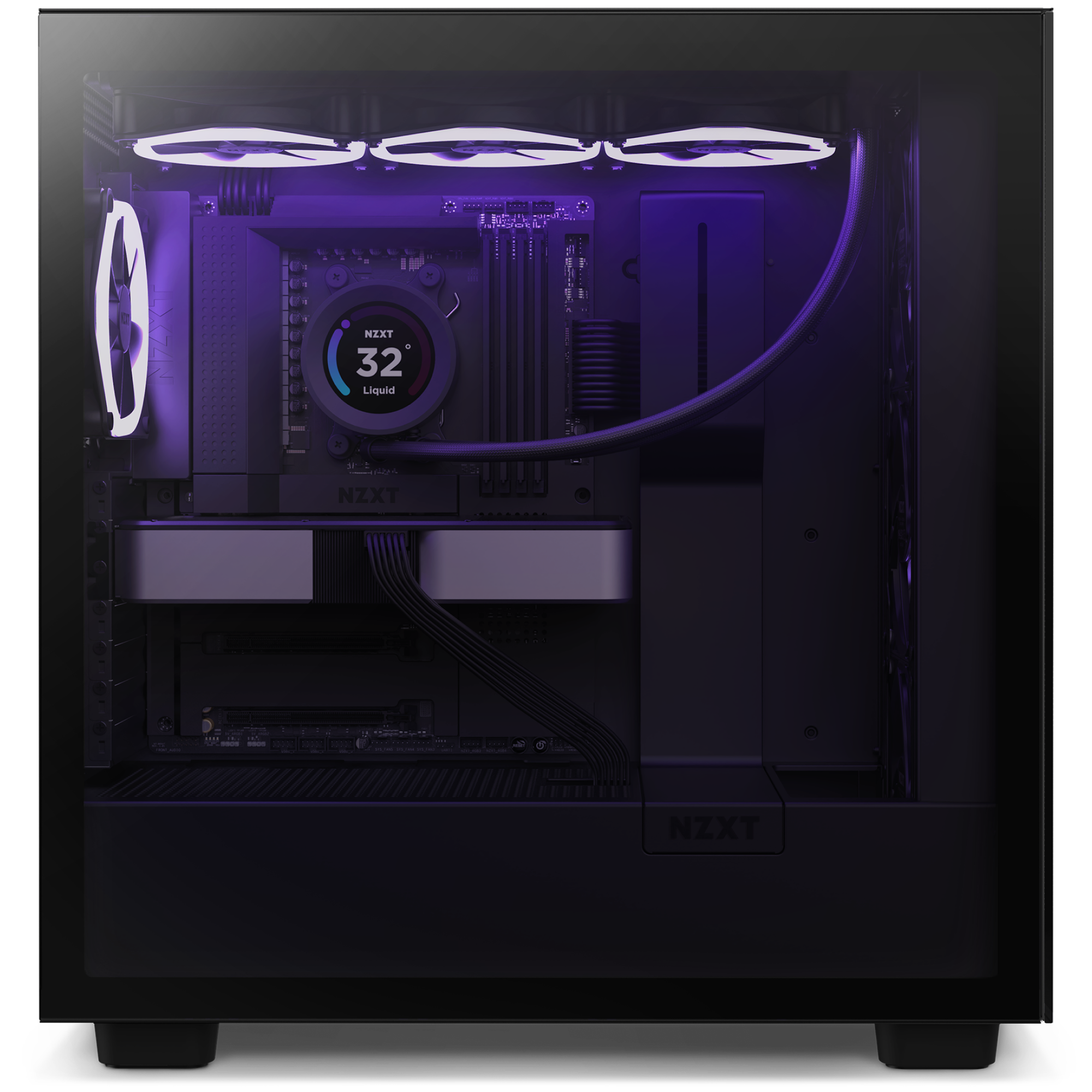 The NZXT N7 B650E is a modern desktop PC with customizable RGB-lit fans, liquid cooling at 32°C, tidy cable management, and a sleek black NZXT case with a transparent side panel.