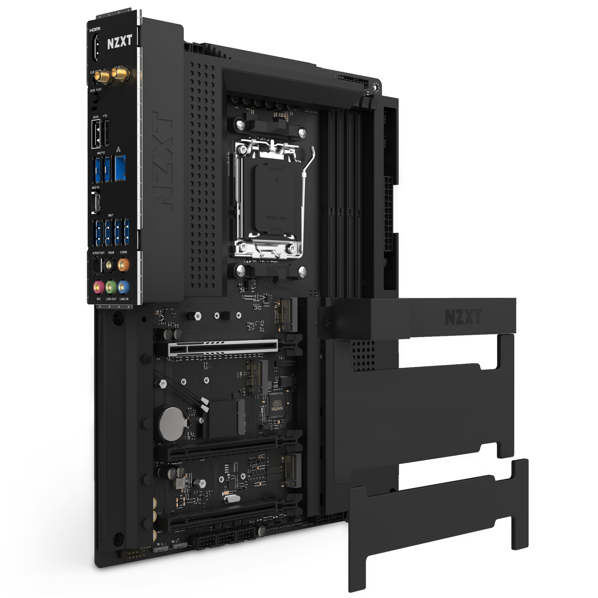 An angled view of the NZXT N7 B650E motherboard showcases its AMD B650 chipset, multiple ports and slots, a visible CPU socket, and part of the sleek cover and heatsink detached and displayed to the side.