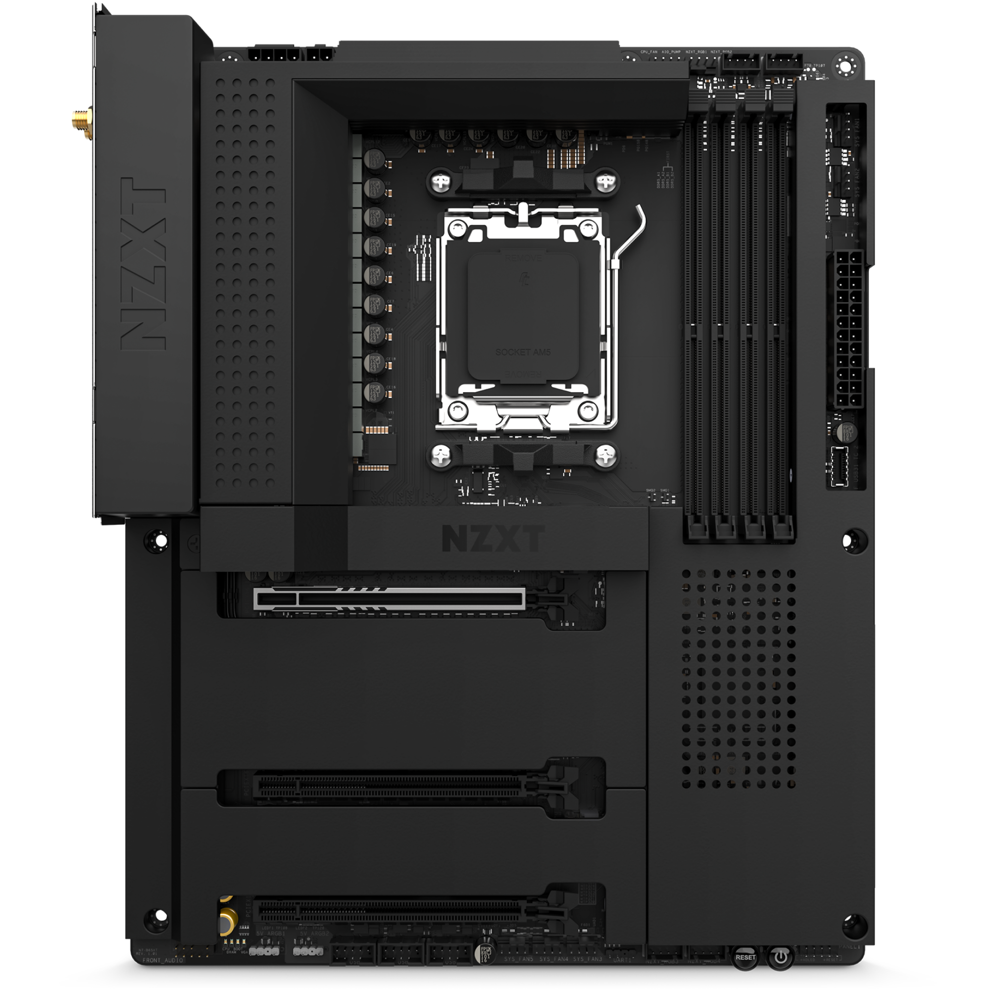 A top-down view of the NZXT N7 B650E motherboard in black, showcasing its AMD B650 chipset, CPU socket, RAM and PCIe slots, connectors, and heatsinks—ideal for custom desktop PC builds.