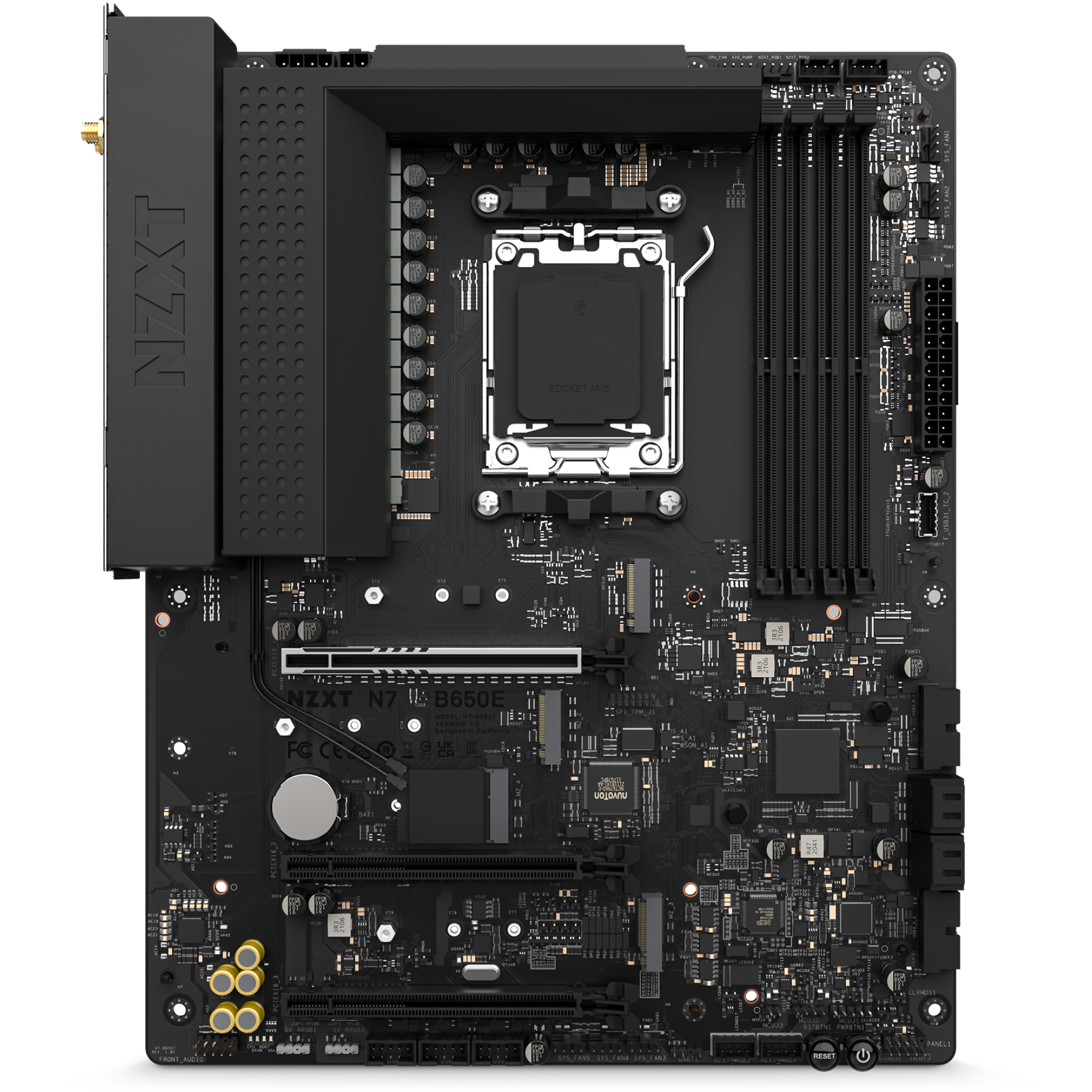 The NZXT N7 B650E motherboard in black is shown from above, displaying its CPU socket, RAM and PCIe slots, AMD B650 chipset, heatsinks, and connectors against a white background.