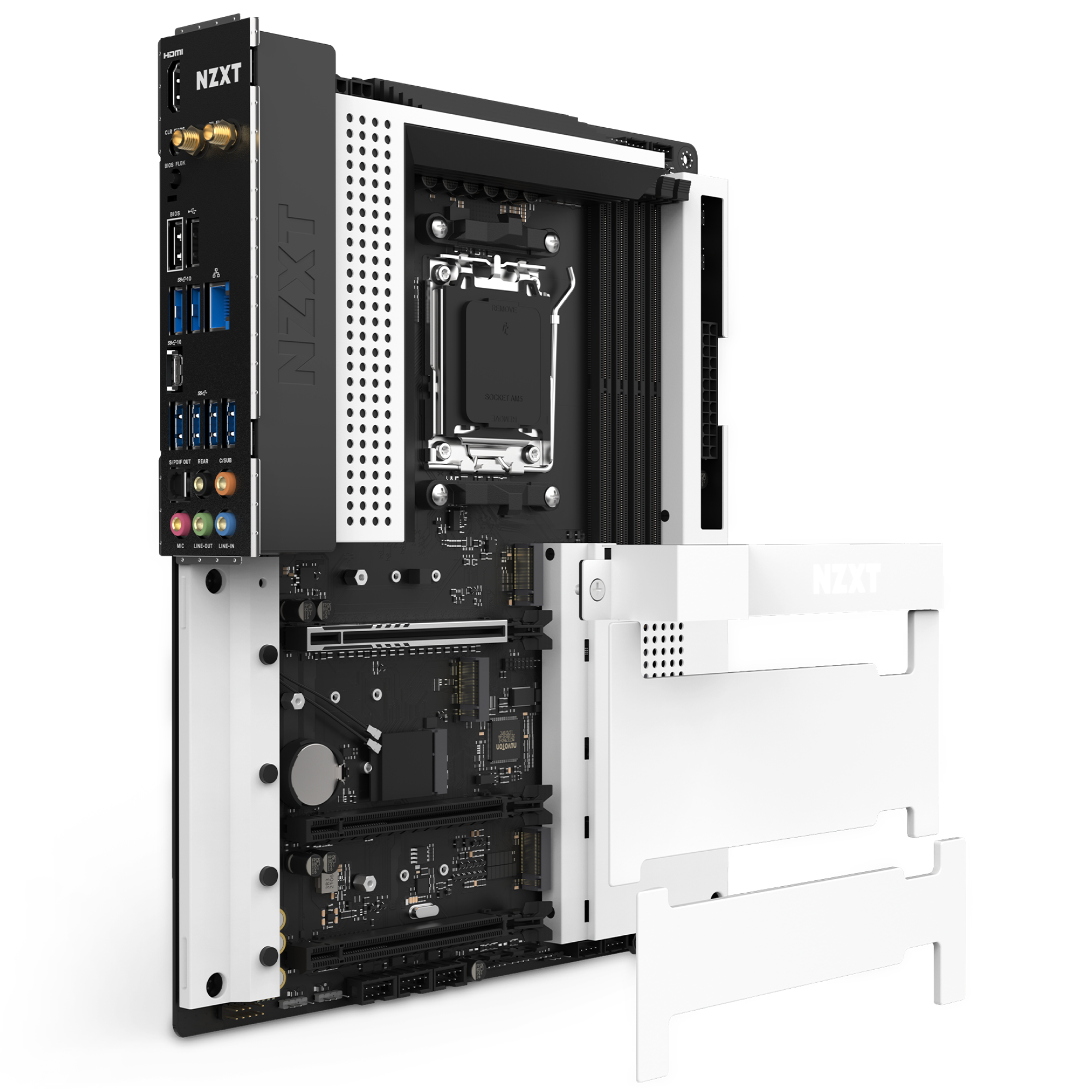 The NZXT N7 B650E is a white PC motherboard tray and test bench with multiple ports, slots, AMD B650 chipset support, and mounting areas for computer components, shown against a plain background.