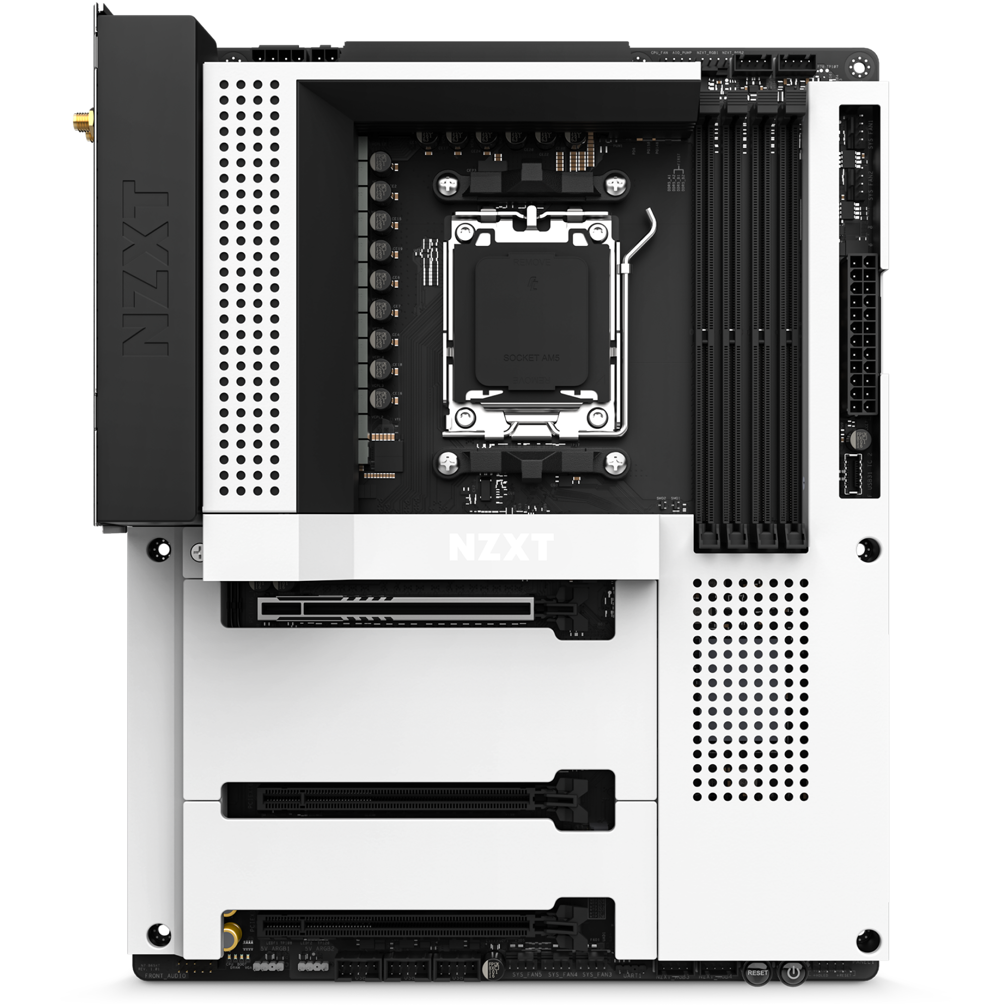 The NZXT N7 B650E is a white motherboard with black and metallic accents, AMD B650 chipset, RAM slots, CPU socket, PCIe slots, Wi-Fi 6E support, and a large black heatsink on the upper left.