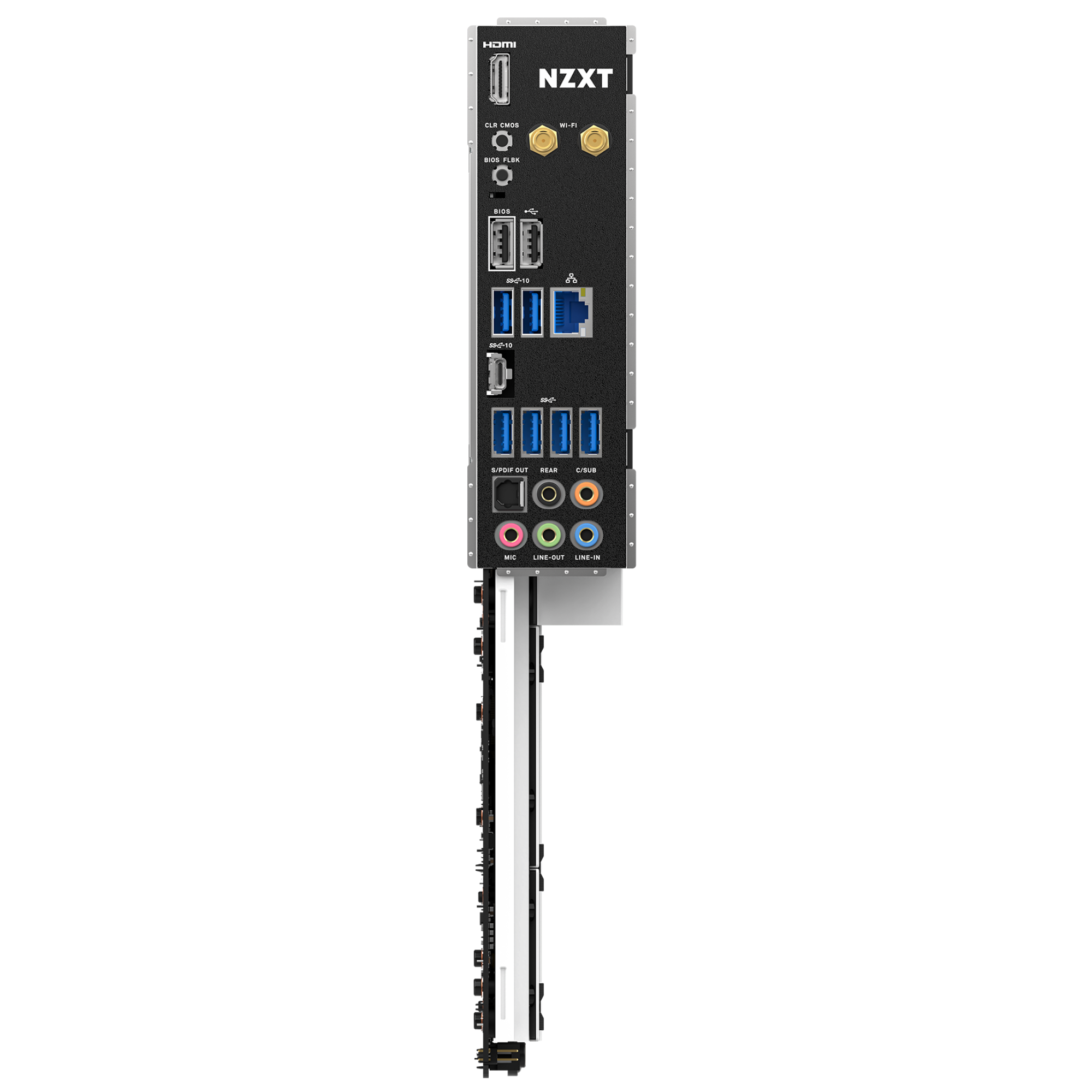 The NZXT N7 B650E motherboard’s rear I/O panel offers HDMI, USB, Ethernet, audio, Wi-Fi antenna connectors with Wi-Fi 6E support, RGB lighting channels, and standard connections based on the AMD B650 chipset.