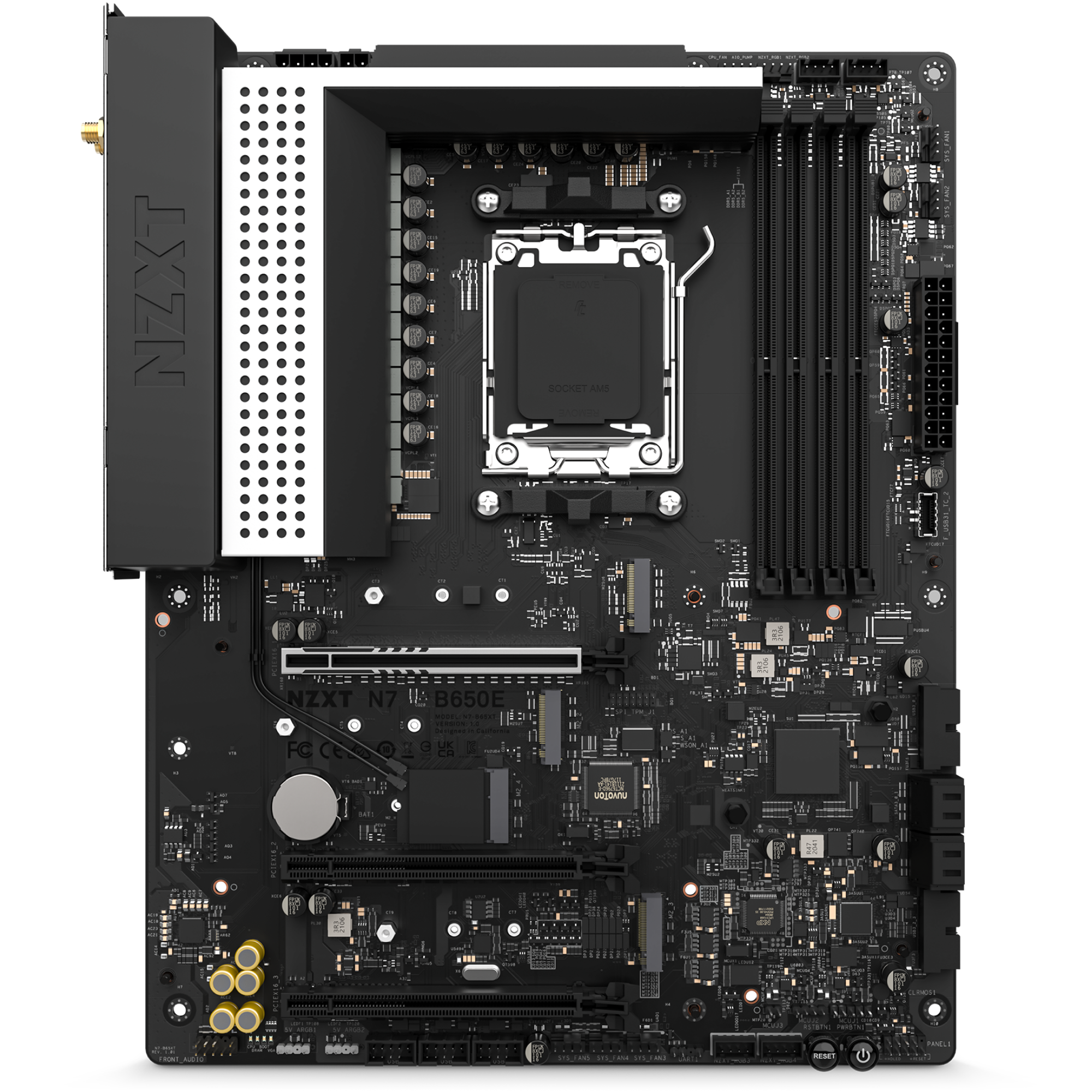 Top-down view of the NZXT N7 B650E ATX motherboard with AMD B650 chipset, highlighting the CPU socket, RAM and PCIe slots, heatsinks, ports, connectors, and RGB channels on a black PCB.