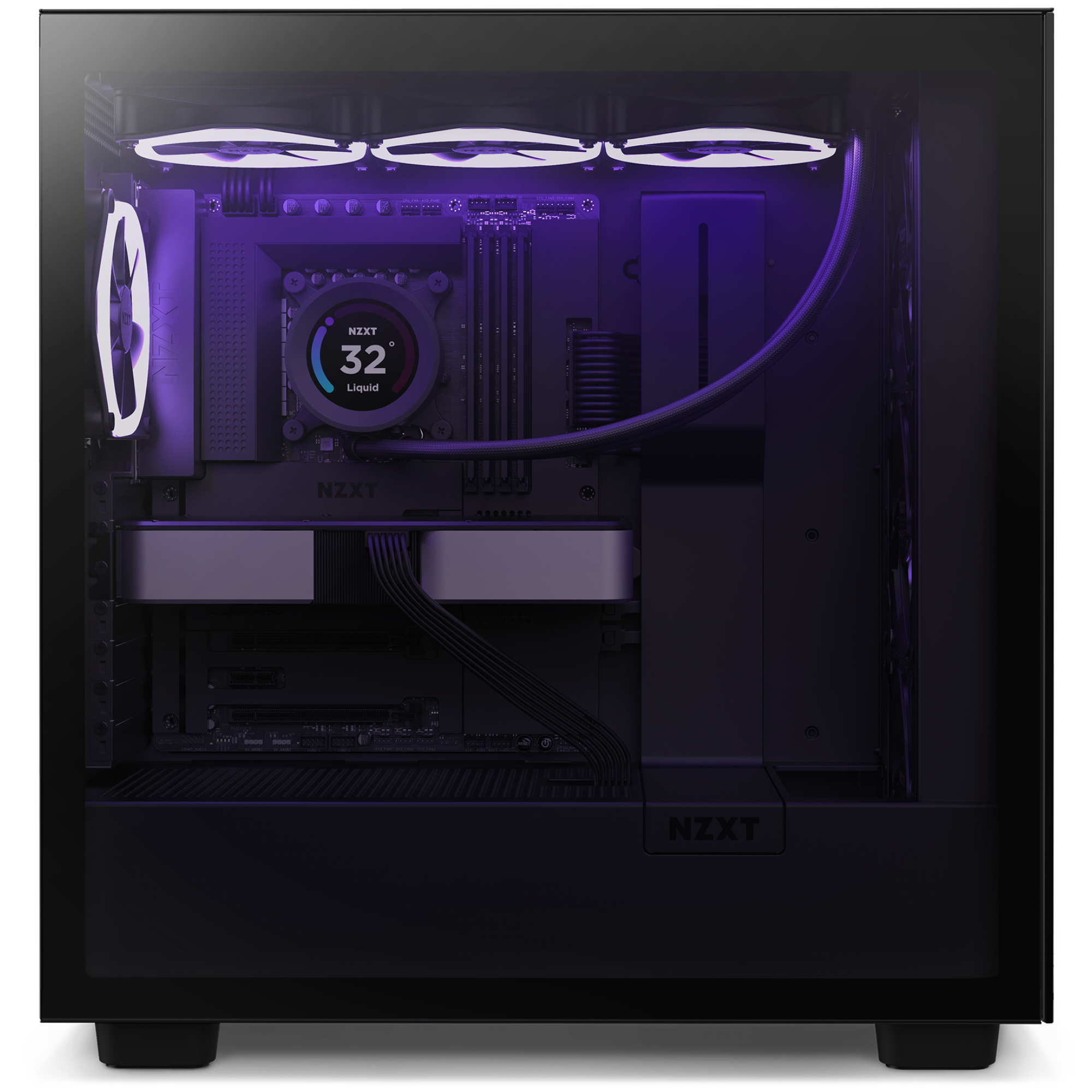 An NZXT gaming PC features the N7 Z790, RGB lighting, visible fans, liquid cooling at 32°C via NZXT CAM, and tidy cables in a black case with a clear side panel.