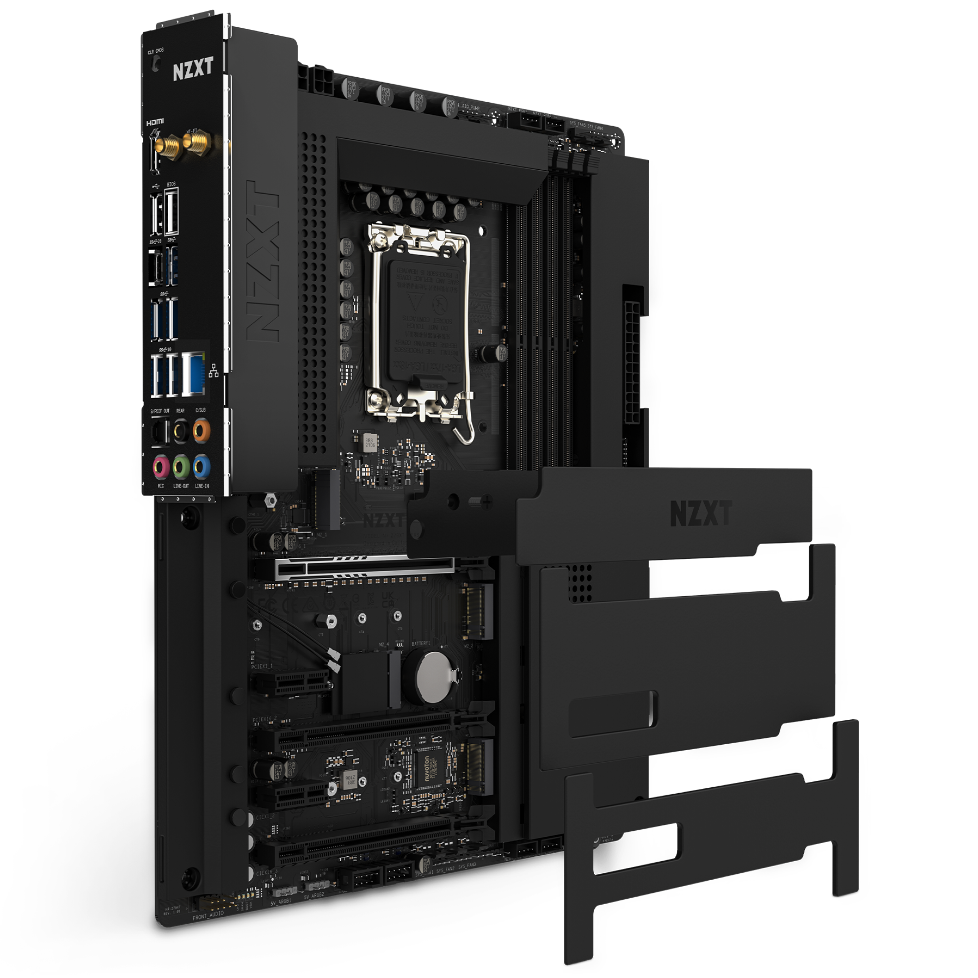 The NZXT N7 Z790 motherboard stands upright in black, featuring a large metal heatsink and shielding partially removed to show internal circuits, left-side connectivity ports, and RGB lighting support.