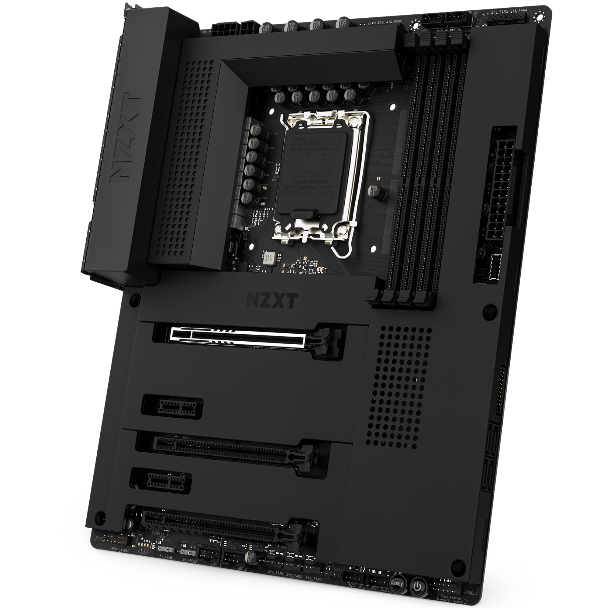The NZXT N7 Z790 motherboard in black features memory slots, CPU socket, PCIe slots, connectors, sleek heatsinks, and a minimalist design. It supports NZXT CAM and customizable RGB lighting.