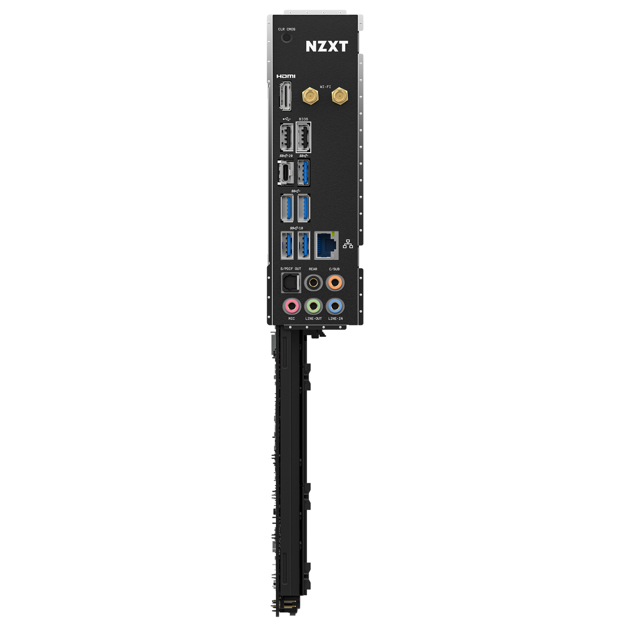 The NZXT N7 Z790 motherboard’s back panel features HDMI, USB, Ethernet, audio jacks, and antenna connectors in a vertical layout on a black surface and supports NZXT CAM software for RGB lighting control.