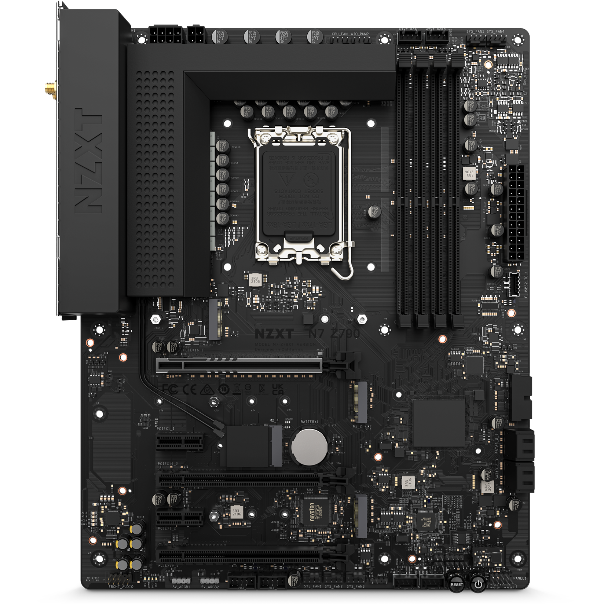 The NZXT N7 Z790 is a black ATX motherboard with multiple PCIe and RAM slots, an LGA 1700 socket, power connectors, various ports, a minimalist heatsink design, and support for NZXT CAM RGB lighting.