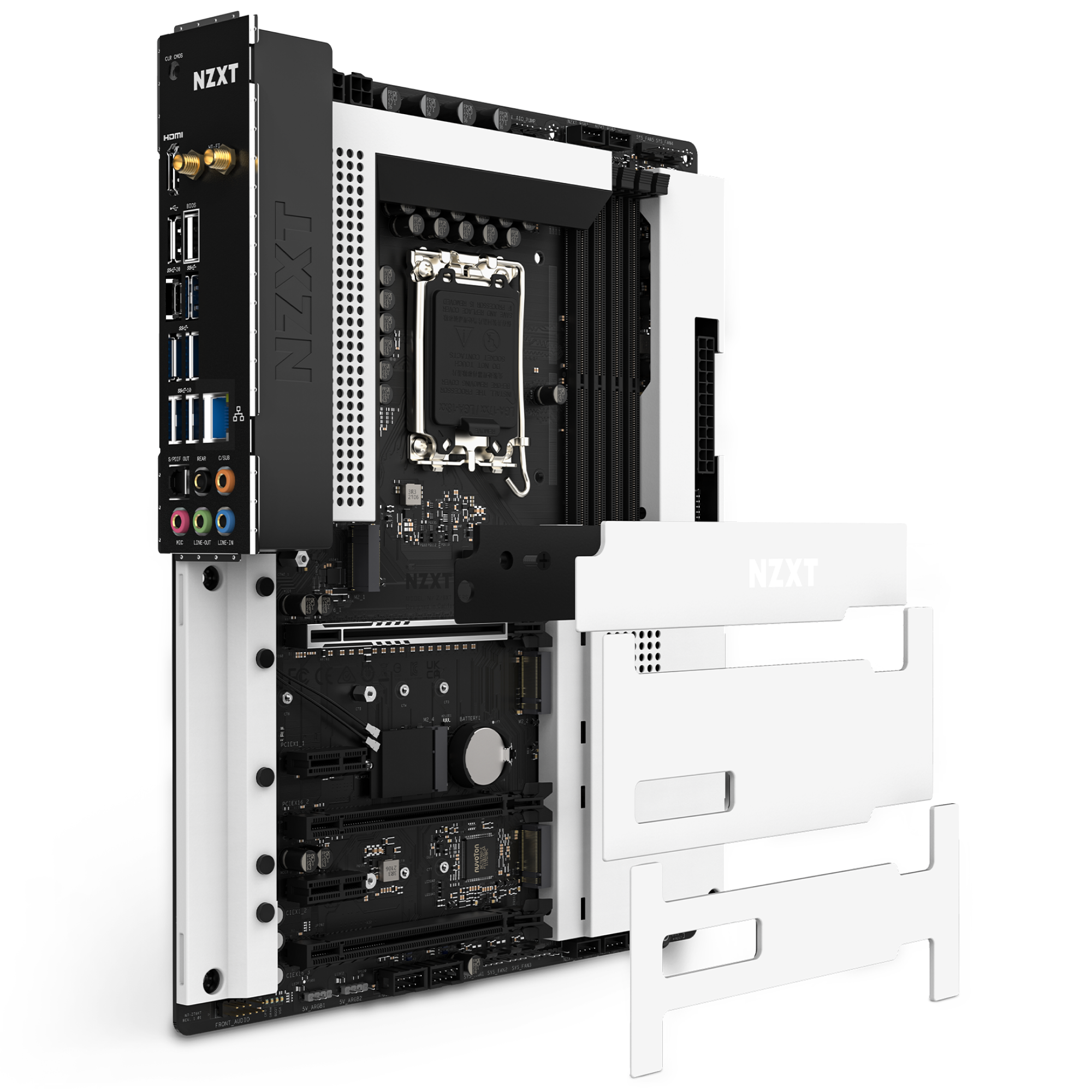 The NZXT N7 Z790 motherboard, shown in black and white with detachable white cover panels beside it, offers seamless NZXT CAM integration for RGB lighting control and features various ports and components.