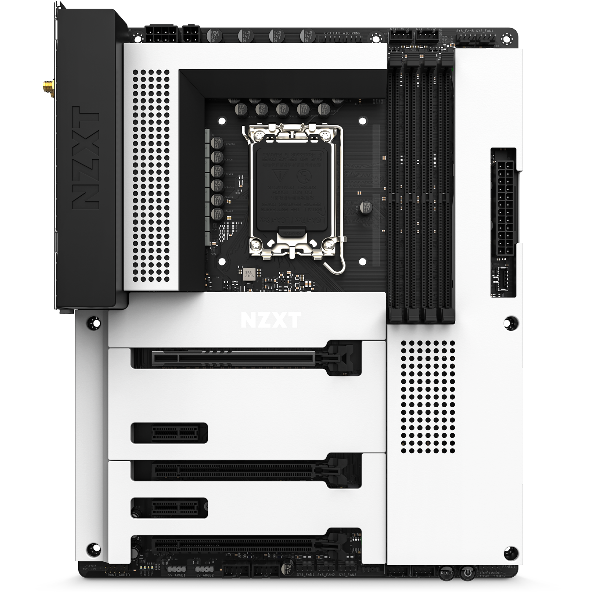 Top-down view of the NZXT N7 Z790 motherboard in white and black, featuring visible RAM slots, PCIe slots, a CPU socket, various connectors, and support for NZXT CAM-controlled RGB lighting.