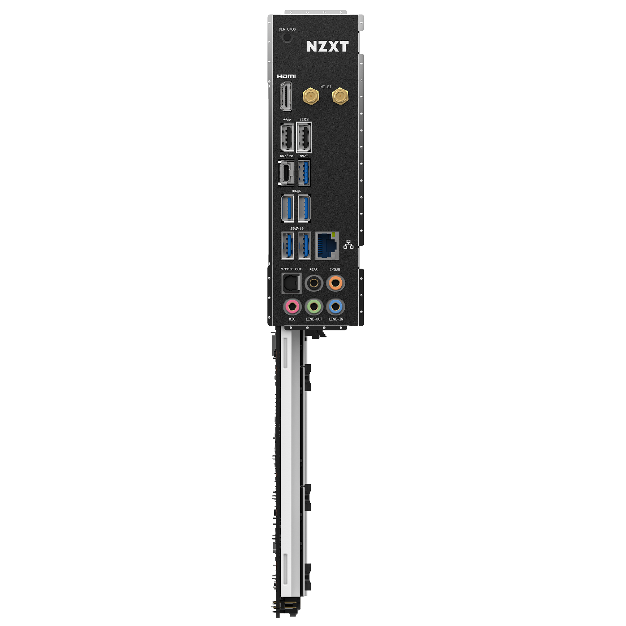 The NZXT N7 Z790 motherboard’s back I/O panel features HDMI, DisplayPort, USB ports, Ethernet, audio jacks, and antenna connectors, all vertically aligned against a black background.