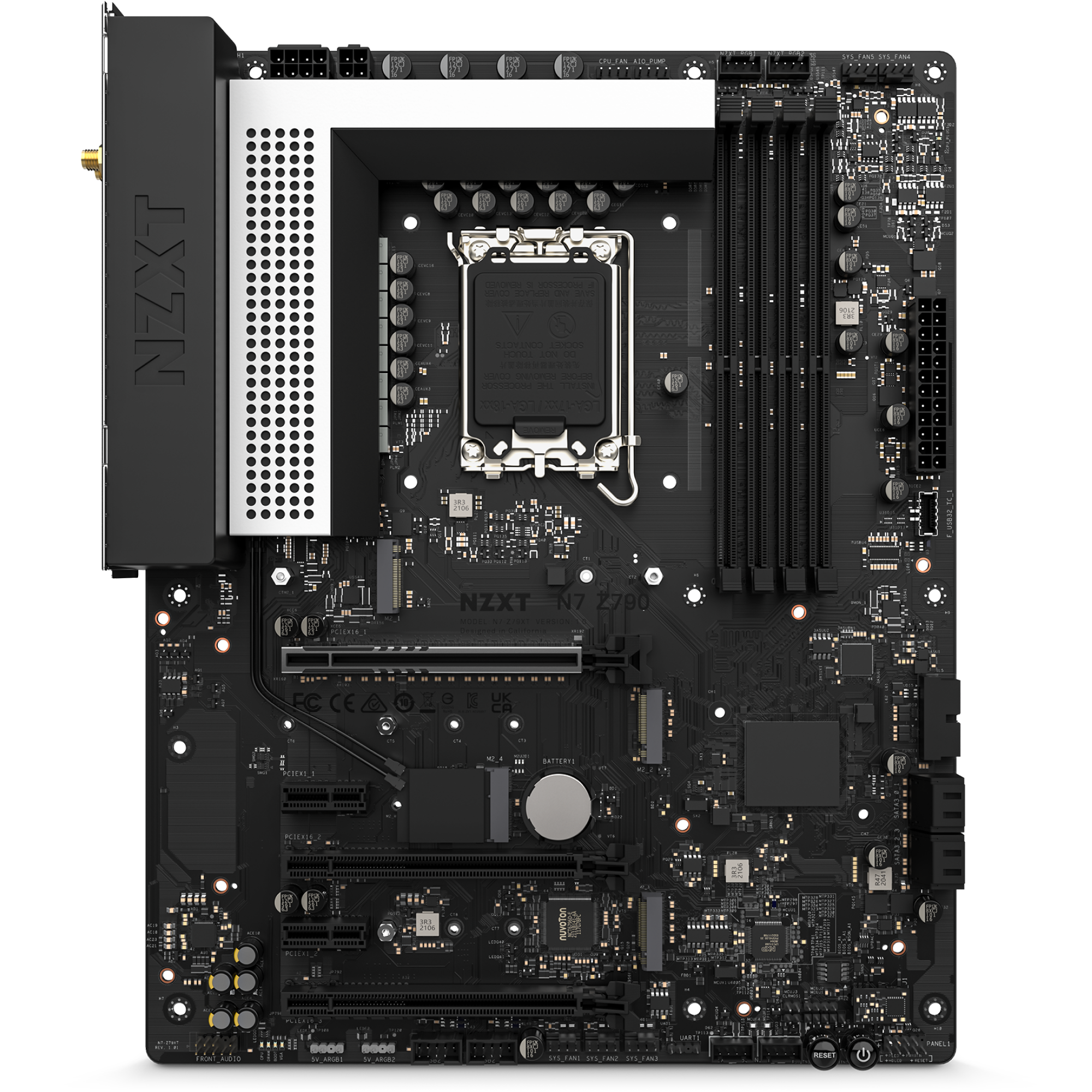 Top-down view of the NZXT N7 Z790 motherboard in black, highlighting its CPU socket, four RAM slots, multiple PCIe slots, connectors, chips on the detailed circuit board, and built-in RGB lighting.