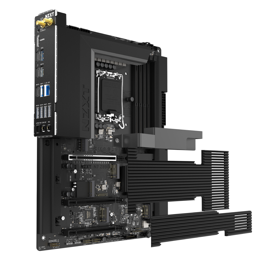 A black NZXT N7 Z890 motherboard is displayed at an angle, showcasing its slots, PCIe 5.0 connectors, and metallic heatsinks for gaming performance, featuring a modern design with partially visible rear I/O ports.