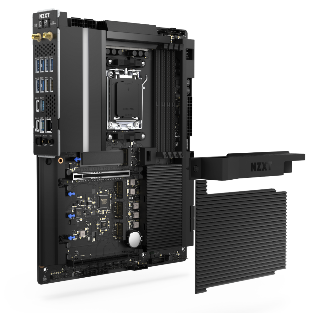 The NZXT N9 X870E motherboard, in black, is displayed upright with detached heatsinks, exposing its VRMs, chipset, DDR5 memory slots, and CPU socket. One large heatsink is positioned at an angle to the right.