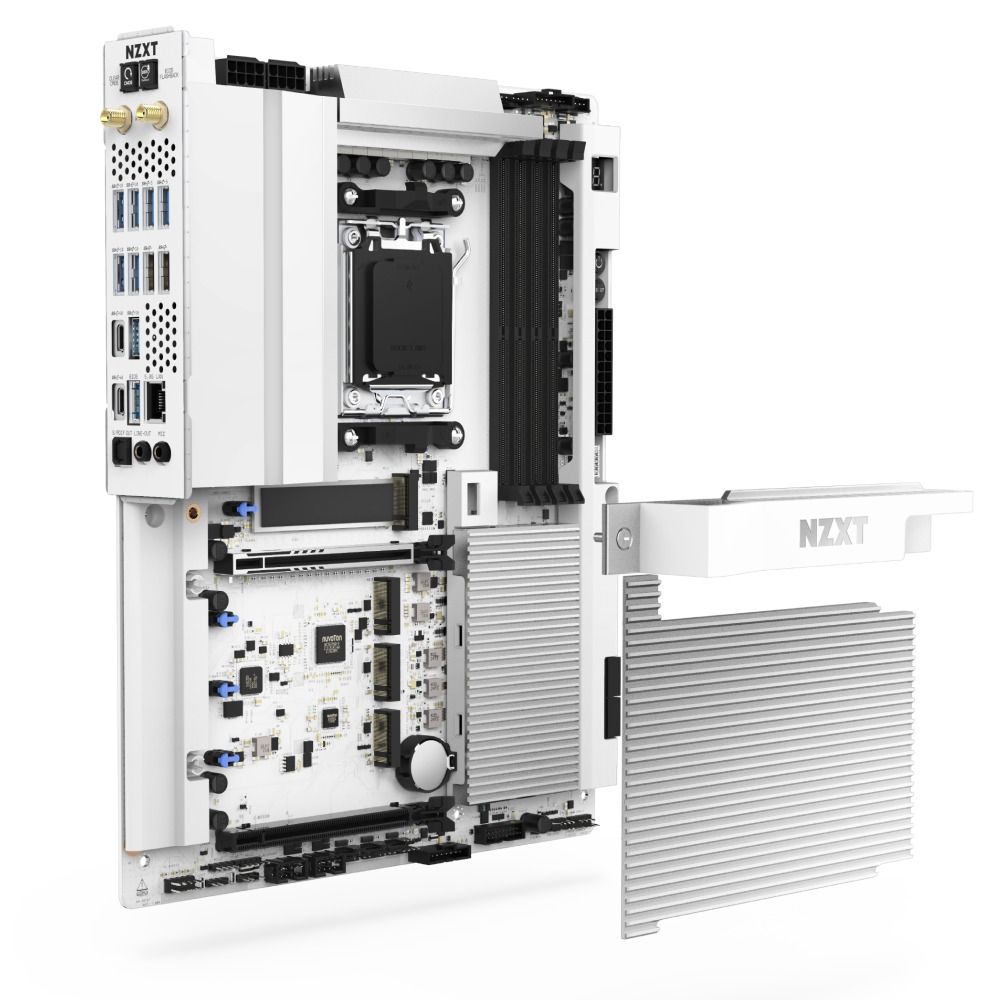 The NZXT N9 X870E is a white motherboard with exposed circuitry, ports, a large silver heatsink thats partially detached to show internal components, DDR5 memory slots, PCIe 5.0 support, and spaces for AMD Ryzen upgrades.