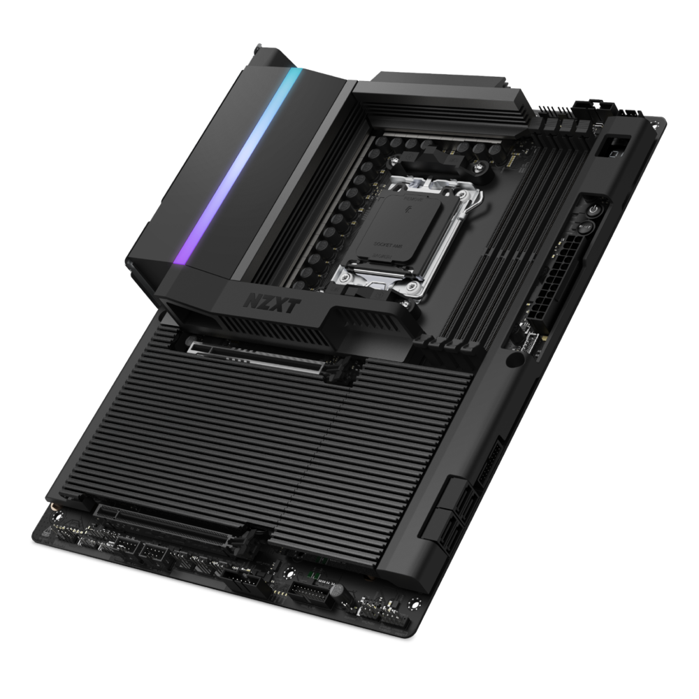 The NZXT N9 X870E is a black computer motherboard featuring angular heatsinks, an RGB strip, AMD Ryzen CPU socket, DDR5 memory slots, and visible connectors—all set against a white background.