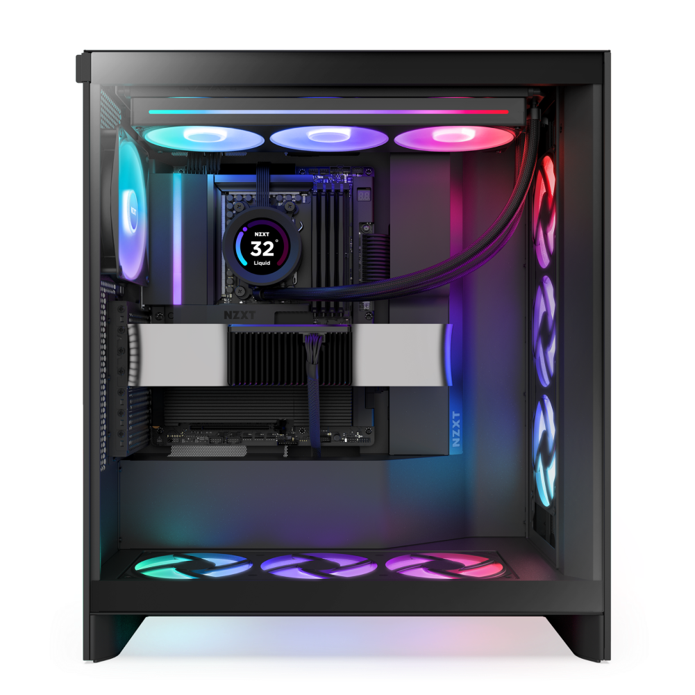 The NZXT N9 X870E desktop features RGB lighting, multiple illuminated fans, liquid cooling with a CPU cooler display showing 32°C, AMD Ryzen processor, DDR5 memory, and a tidy interior for optimal performance.