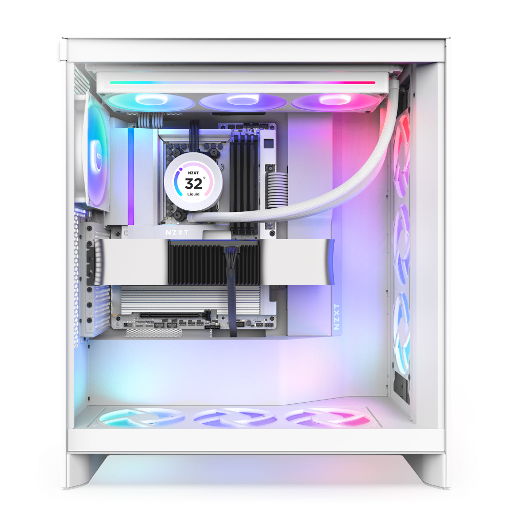 The NZXT N9 X870E is a white gaming PC case with RGB fans, liquid cooling, DDR5 memory, an AMD Ryzen GPU, and tidy components—all glowing in pink, blue, and purple.