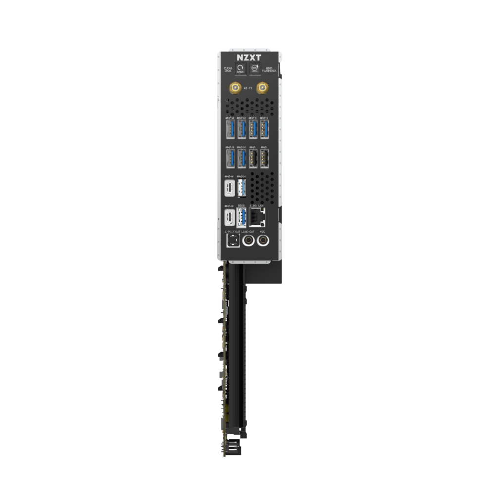 Rear view of the NZXT N9 X870E motherboard I/O panel showcasing PCIe 5.0, multiple USB ports, HDMI, DisplayPort, Ethernet, audio jacks, and antenna connectors arranged vertically.