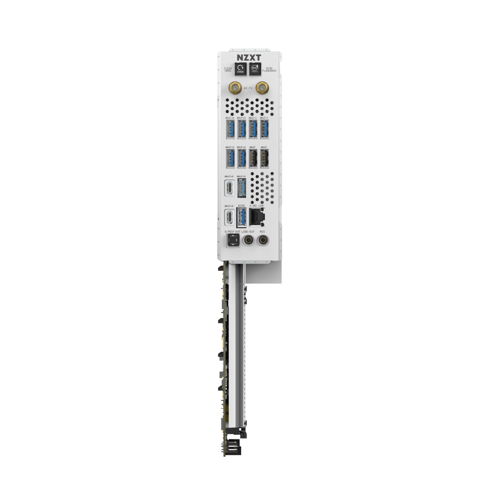 The image shows the rear I/O panel of the NZXT N9 X870E motherboard, in white, featuring USB ports, HDMI, DisplayPort, Ethernet, Wi-Fi antenna connectors, audio jacks, and support for AMD Ryzen CPUs and DDR5 memory.