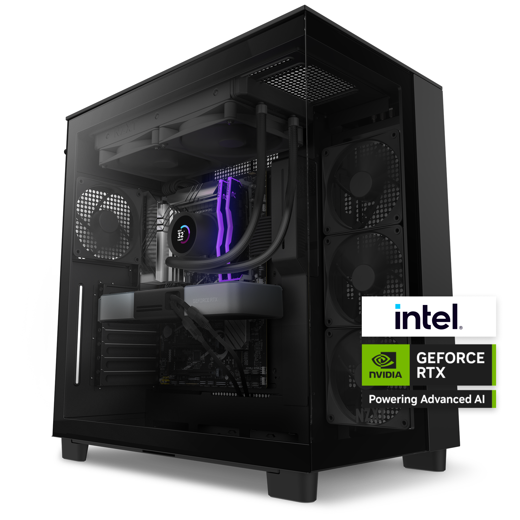 The NZXT Player Three desktop PC in black features RGB lighting, multiple cooling fans, NVIDIA GeForce RTX 50 Series graphics, and advanced AI for top-tier gaming.