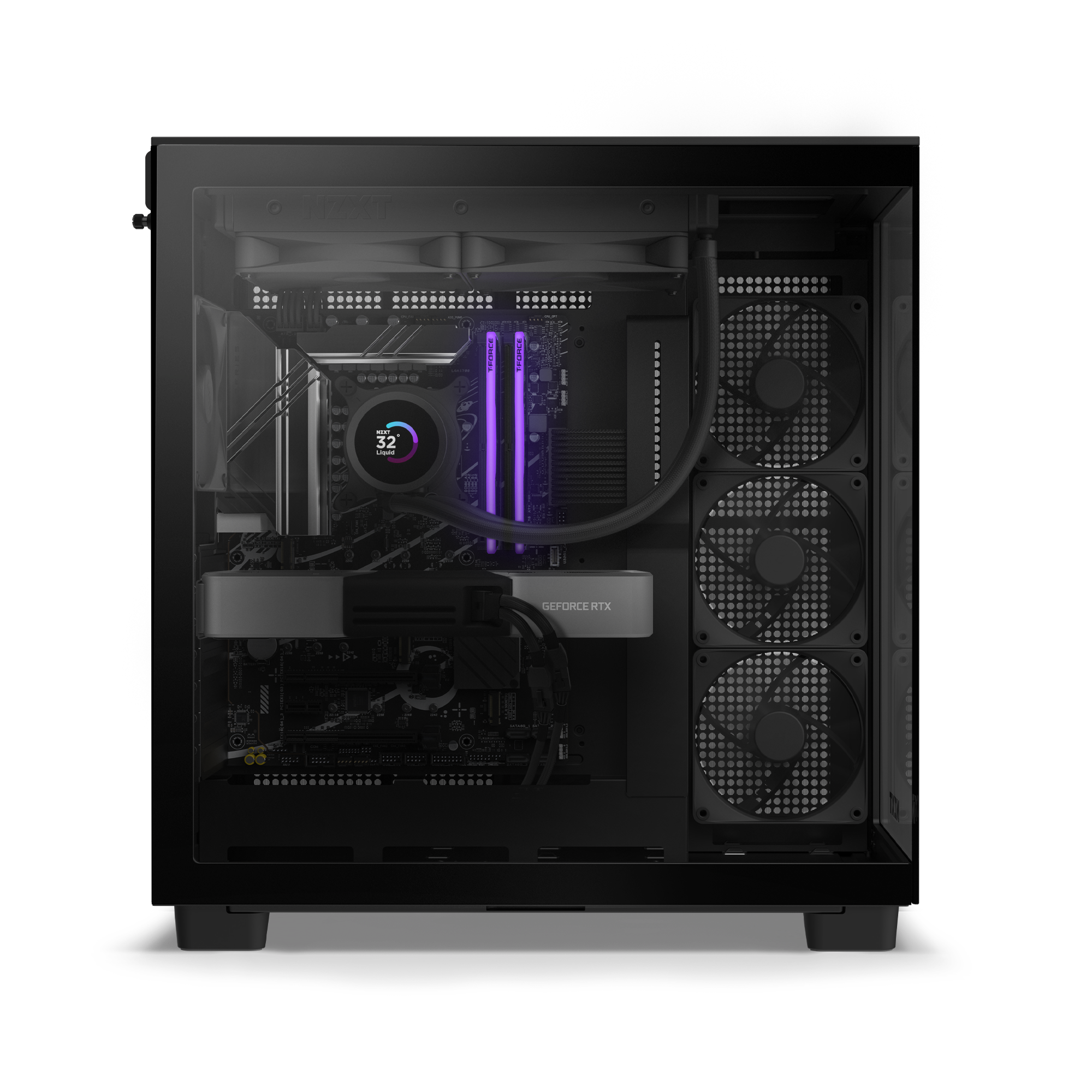 The NZXT Player Three PC features a transparent side panel displaying RGB RAM, a circular CPU cooler display, the latest NVIDIA GeForce RTX 50 Series GPU, and three front-mounted cooling fans for high-end gaming performance.