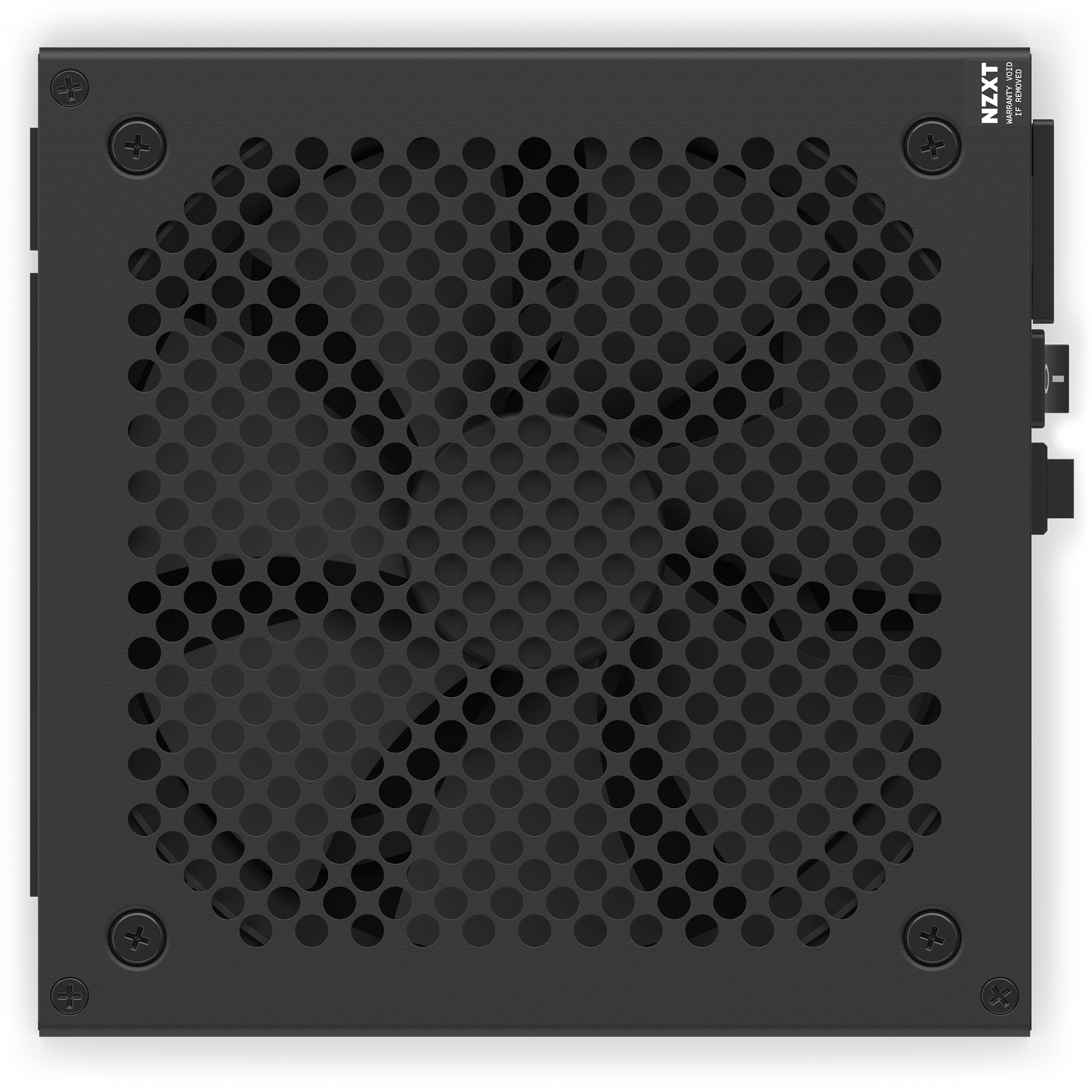 Top view of the NZXT C1000 Gold (2022) 1000W PSU in black, featuring a large circular fan with a honeycomb grill. Perfect for high-end gaming PCs with GPUs like the NVIDIA RTX 3090; NZXT branding visible at the upper right.
