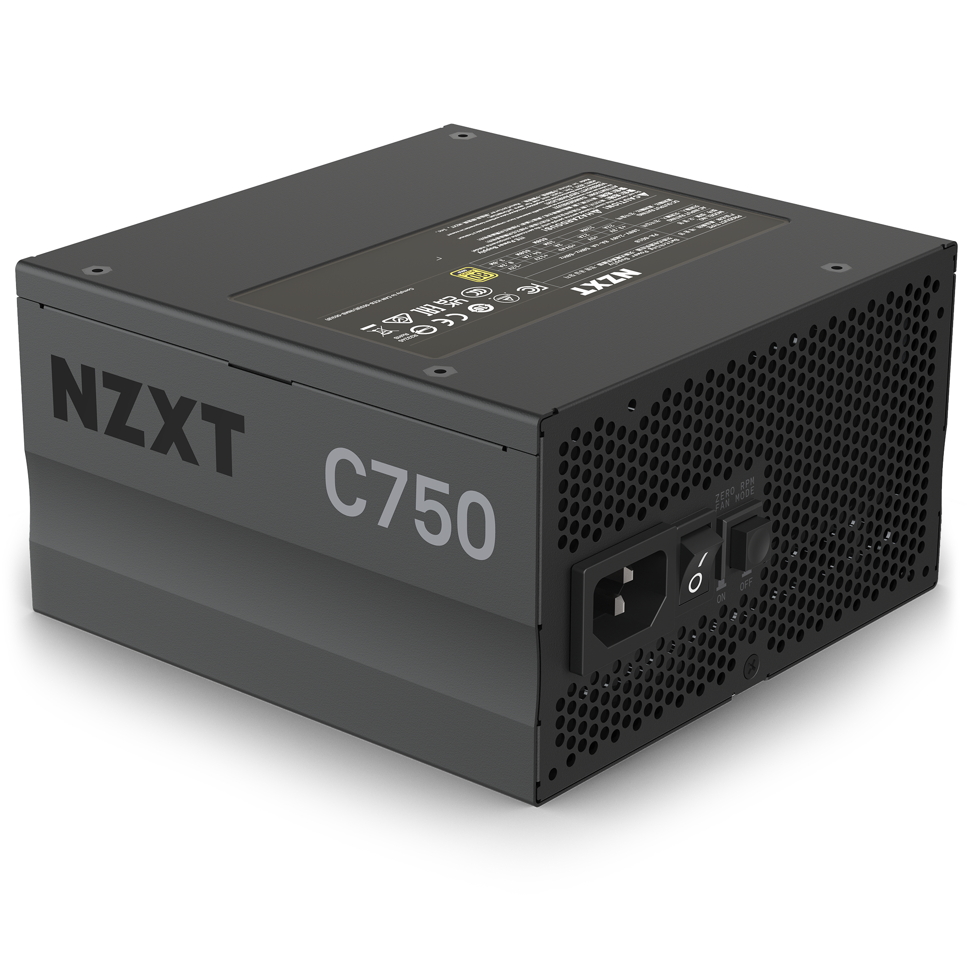 The NZXT C750 Gold is a black, fully modular 750W power supply for computers. It features branding on the side, a power switch, power socket, ventilation holes, and Zero RPM Fan mode for silent operation.
