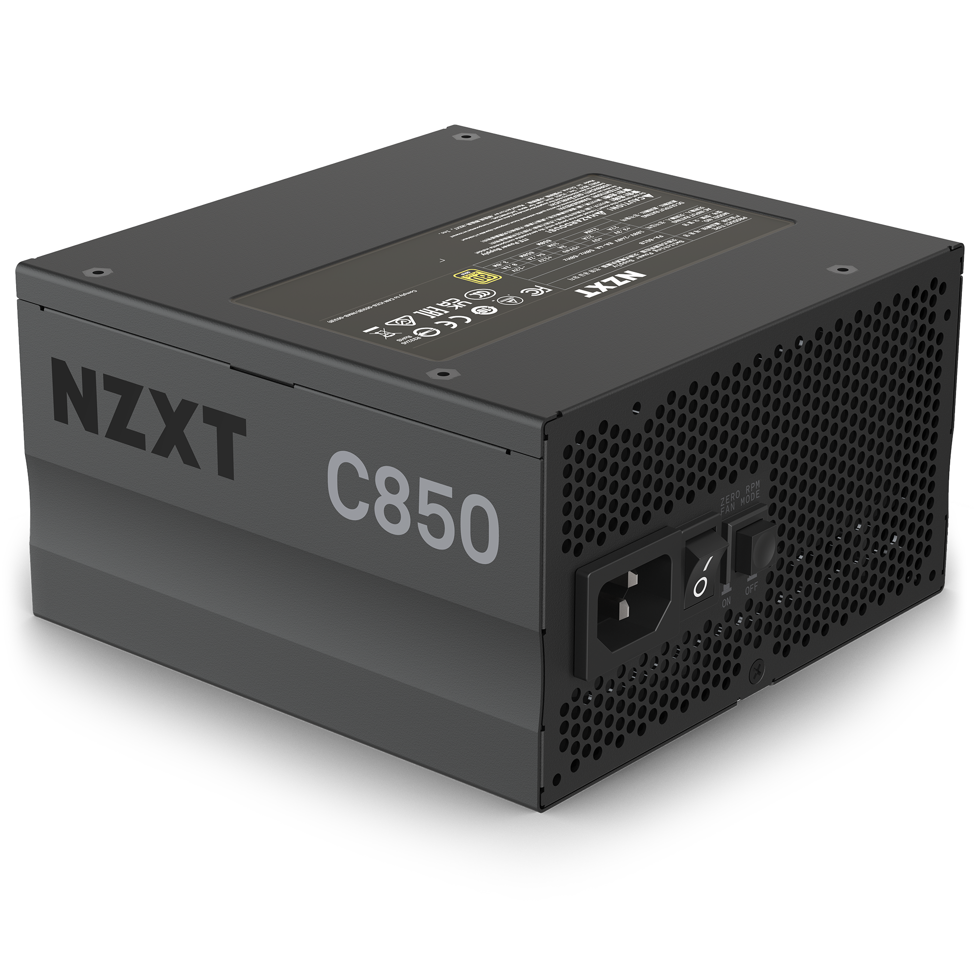 The NZXT C850 Gold (2022) is an 850-watt black modular PSU with vents, a power switch, and a power socket on one side, plus branding and technical specs on top.