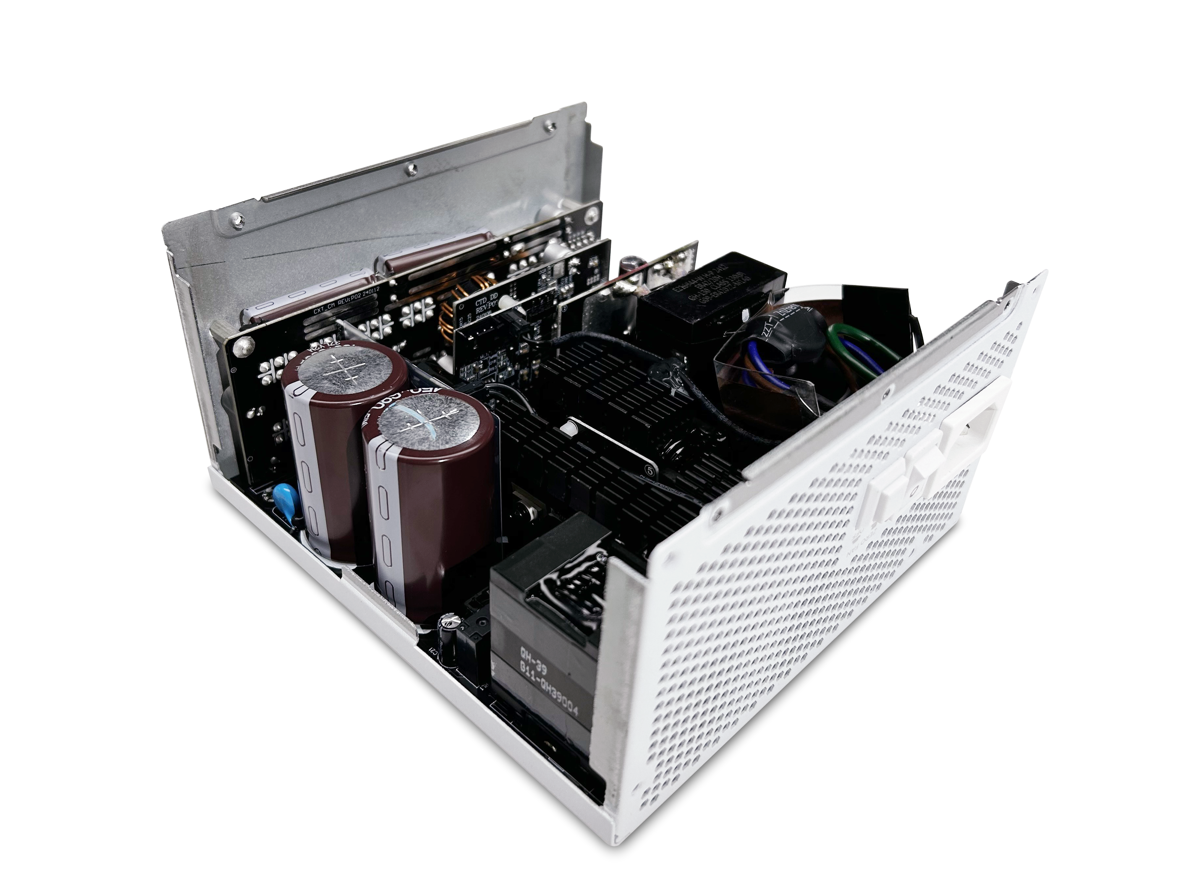 Open white computer power supply unit showing internal electronic components, including two large capacitors, circuit boards, cooling fins, wiring, and a vented metal casing on a black background.