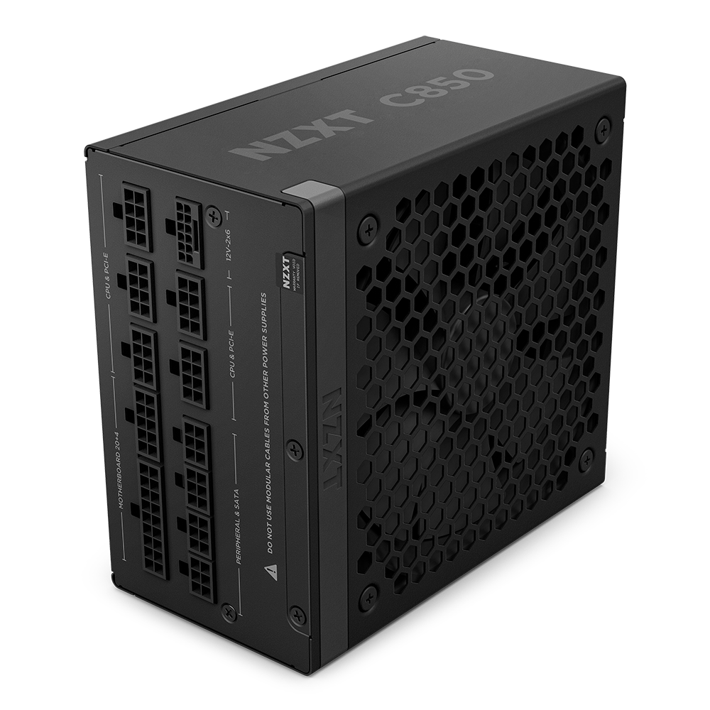 A black NZXT C850 Gold ATX 3.1 power supply unit from the C Series, with a fully modular design and honeycomb vent, is shown upright on a white background.
