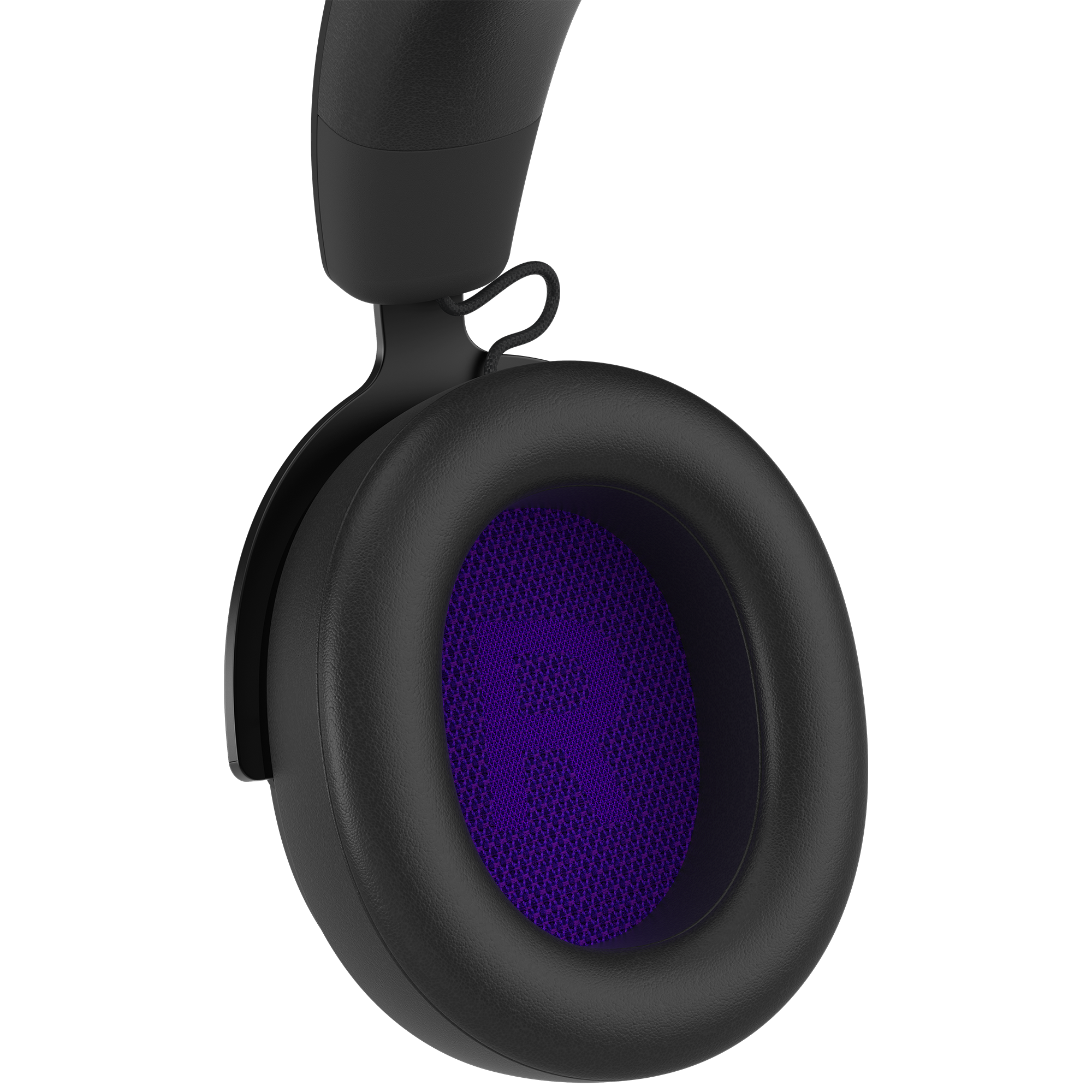 A close-up of the NZXT Relay Headset shows the black over-ear design, with a purple mesh and large R on the right earcup. Experience Hi-Res Audio for richer sound and detail in every note.